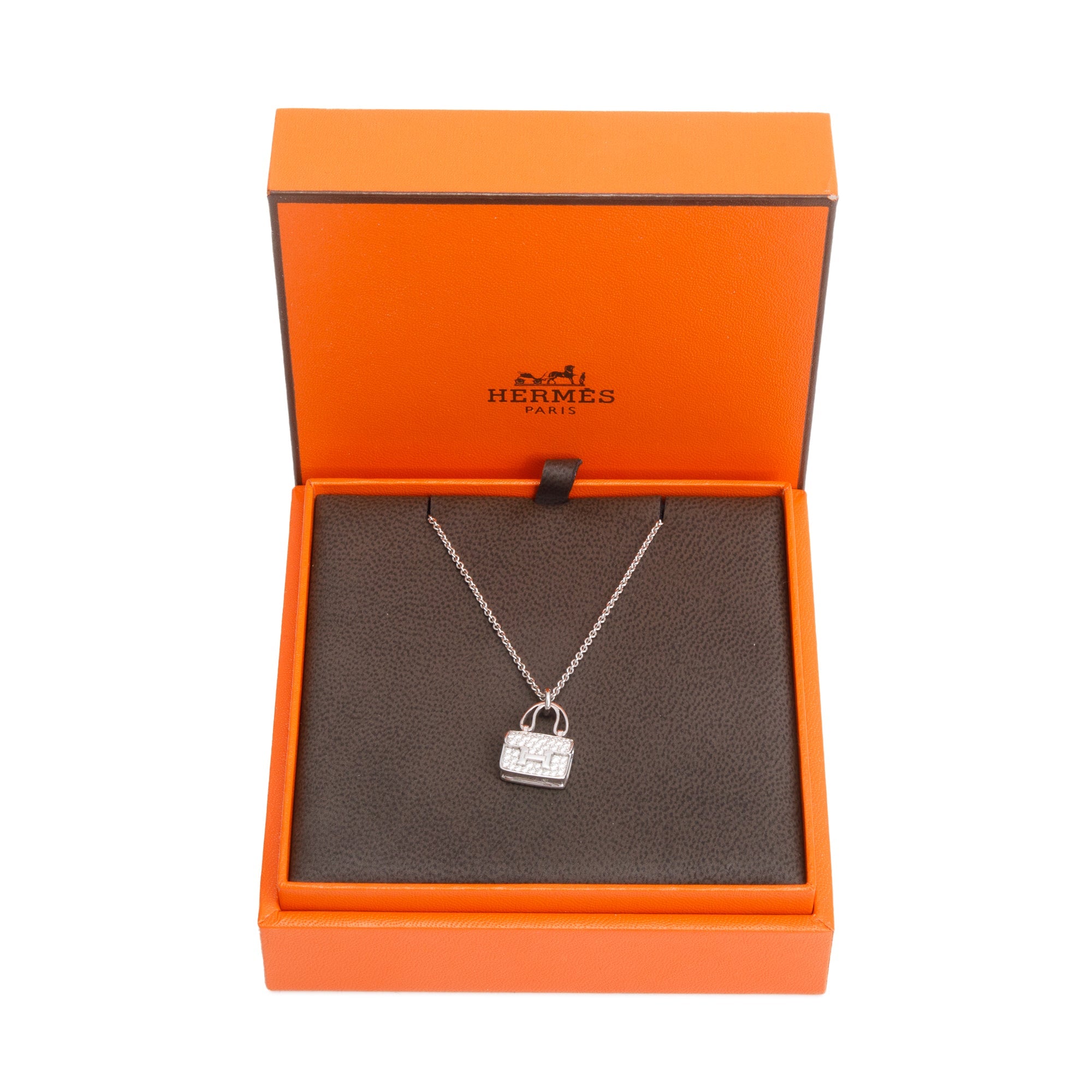 Hermes 18k White Gold Diamond Amulettes Constance Pendant Necklace w/ Box