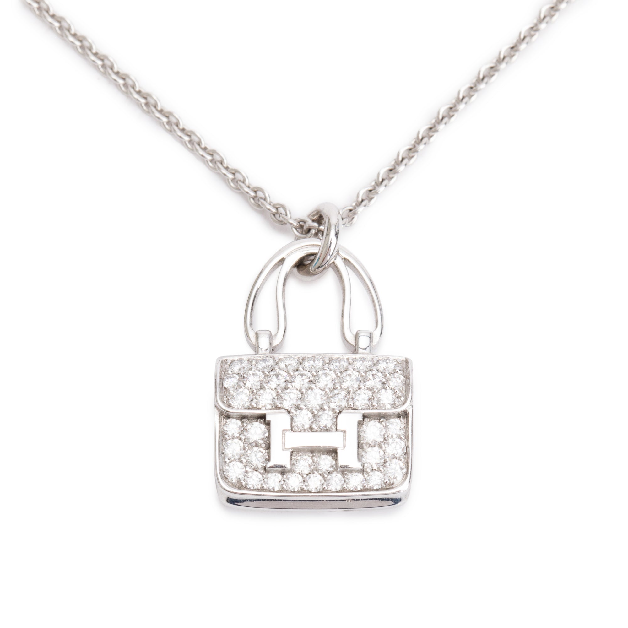 Hermes 18k White Gold Diamond Amulettes Constance Pendant Necklace w/ Box