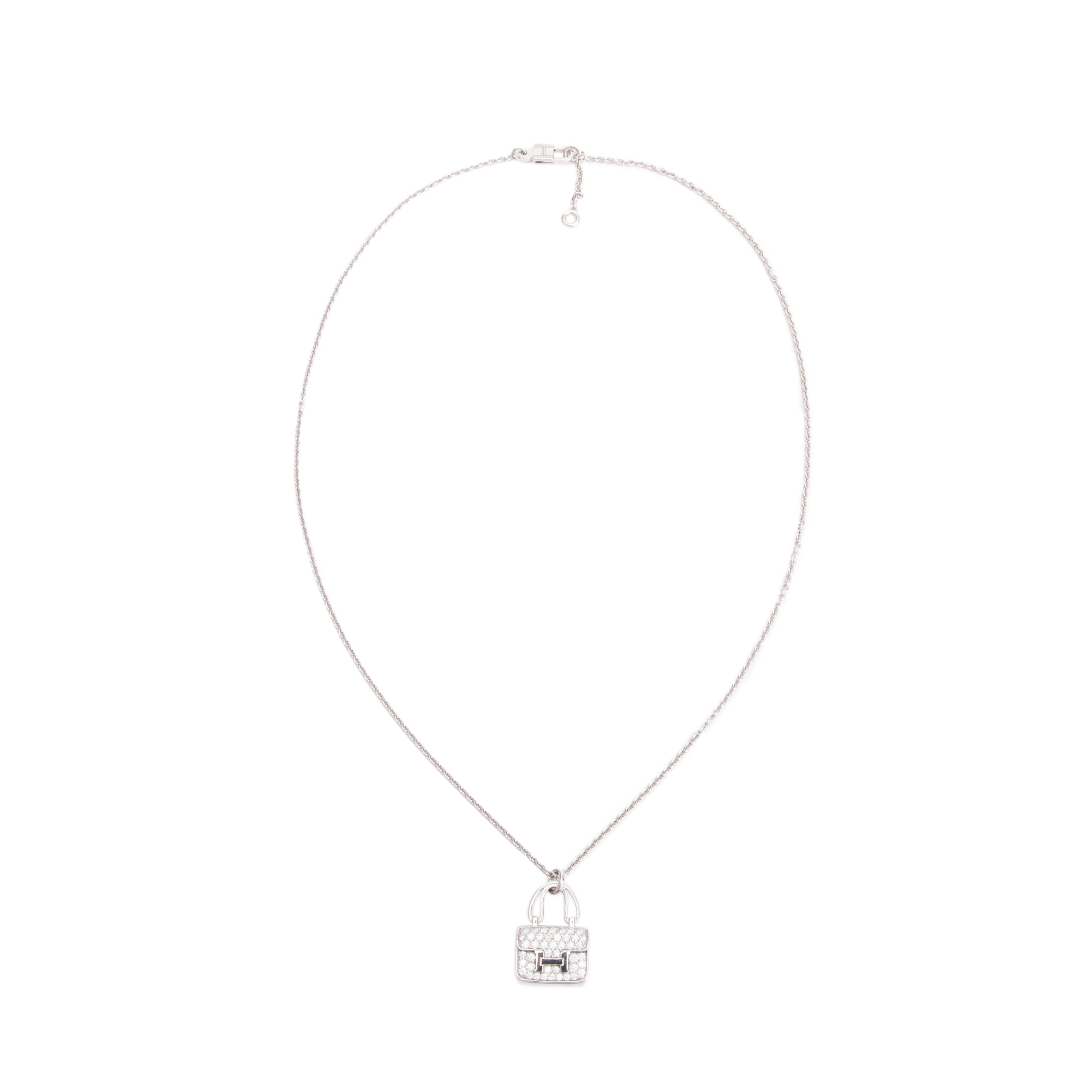 Hermes 18k White Gold Diamond Amulettes Constance Pendant Necklace w/ Box