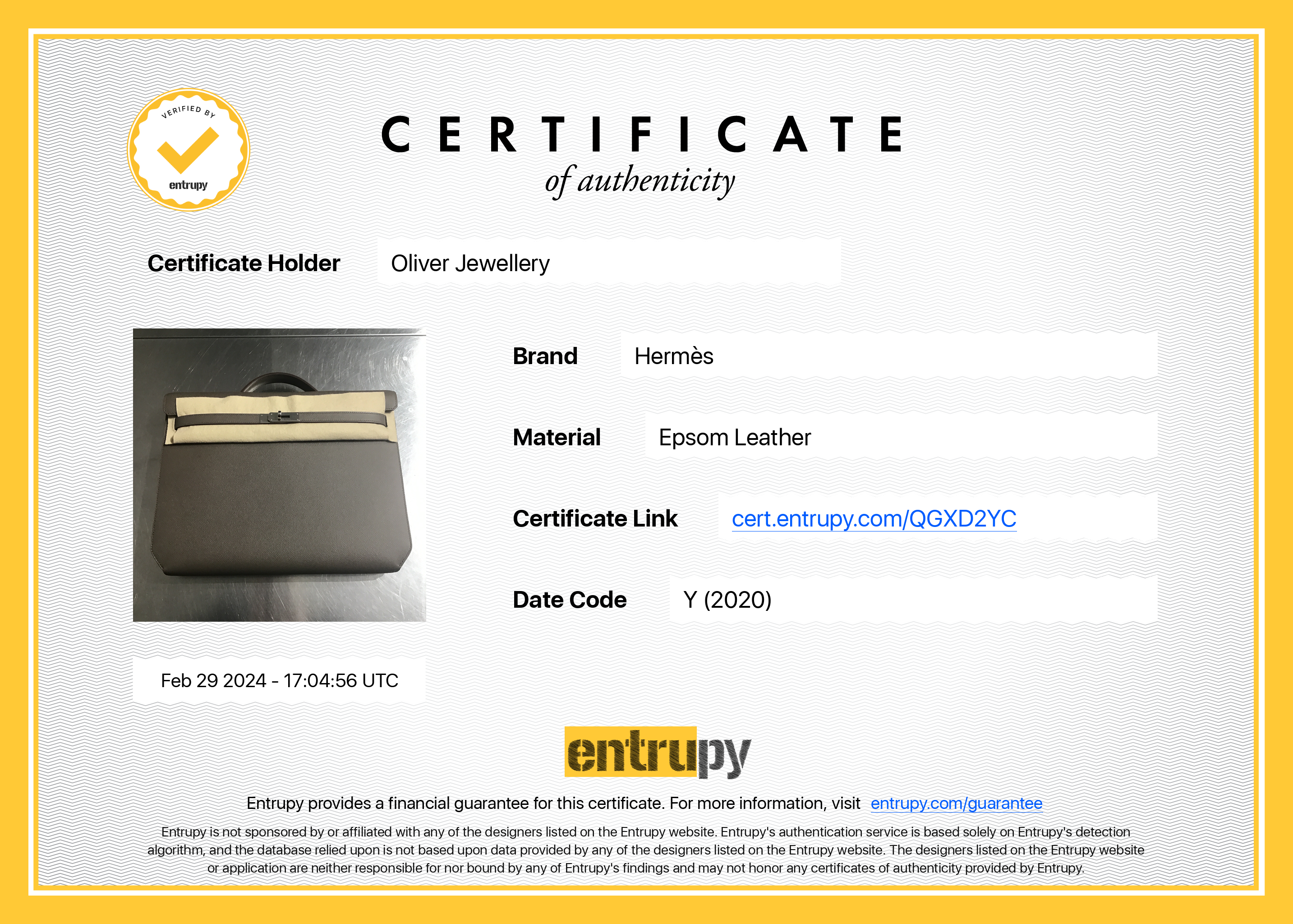 Hermes 2020 Gris Etain Veau Epsom Kelly Depeches 36 w/ Box