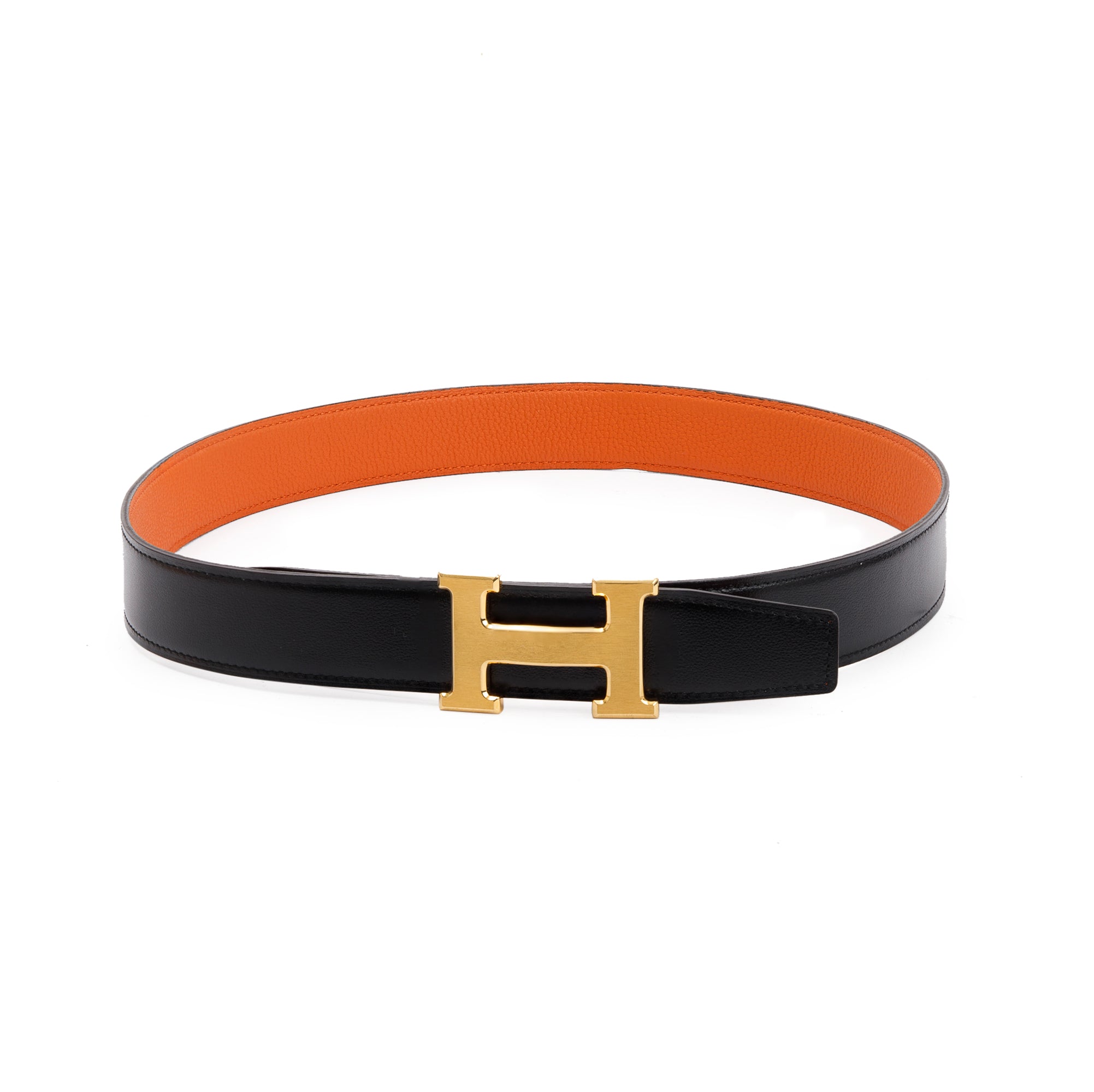 Hermes 2021 Black Box Orange Togo Leather Reversible 32 mm H Belt Kit