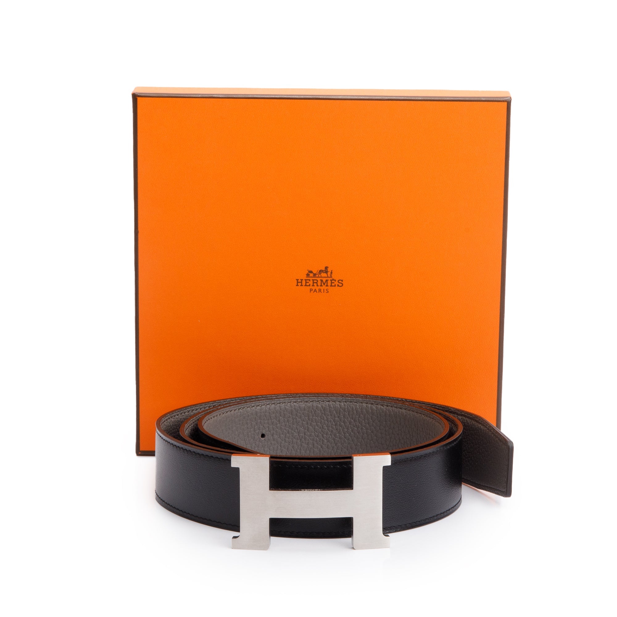 Hermes 2021 Noir Box Etain Togo Leather Reversible 38 mm Constance H Belt Kit 100 w/ Box