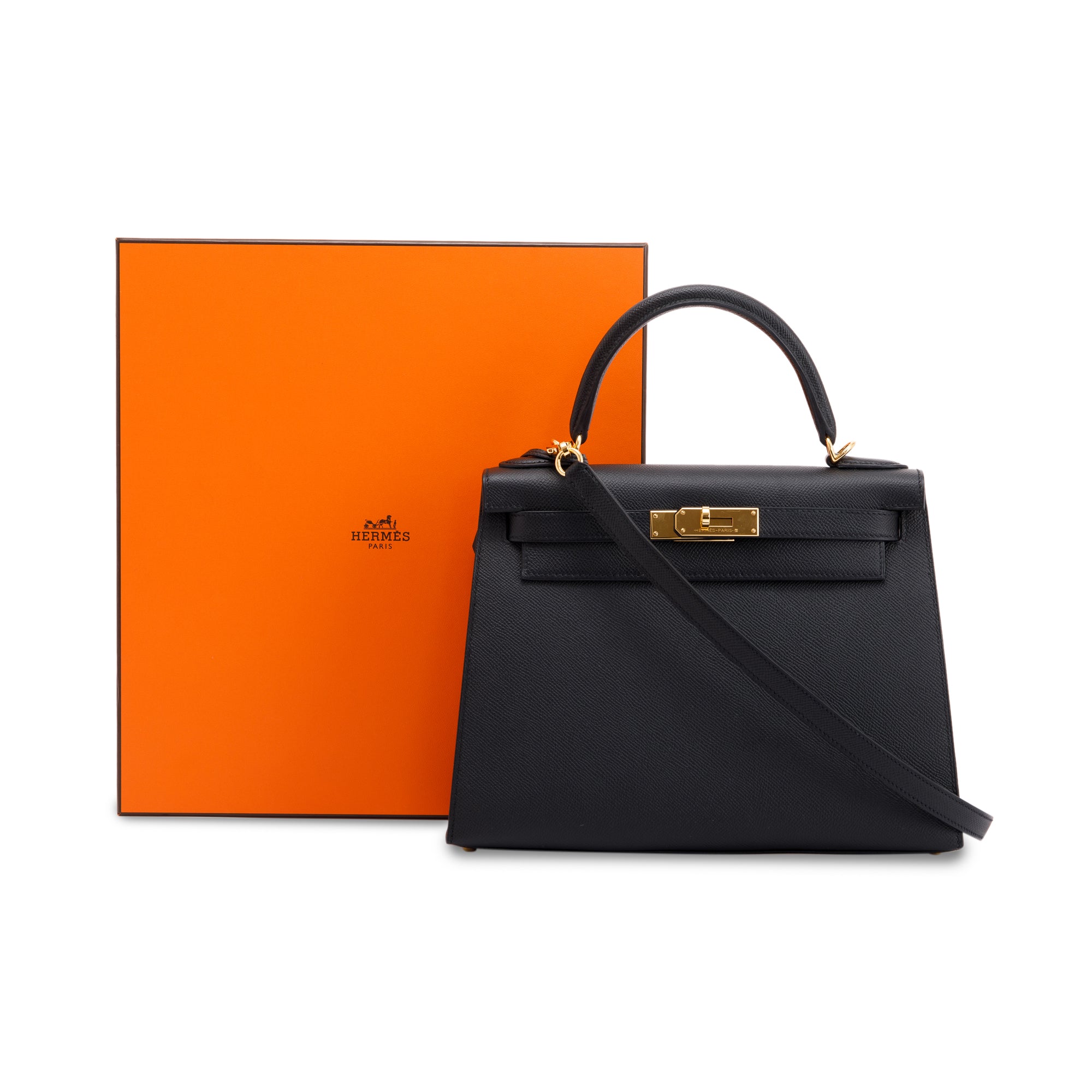 Hermes 2022 Black Veau Epsom Kelly II Sellier 28 w/ Box & Receipt