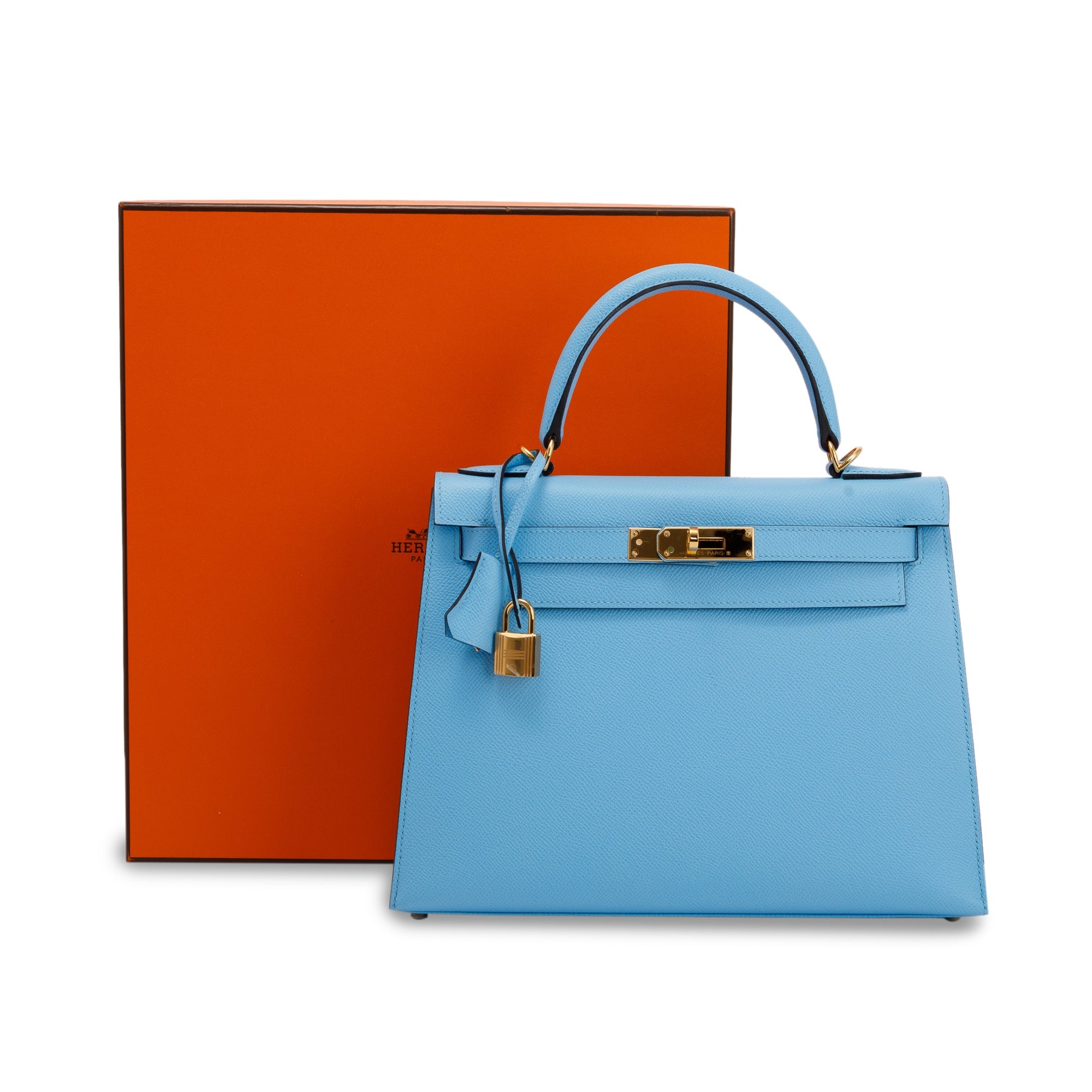 Hermes 2022 Celeste Veau Epsom Kelly II Sellier 28 w/ Box