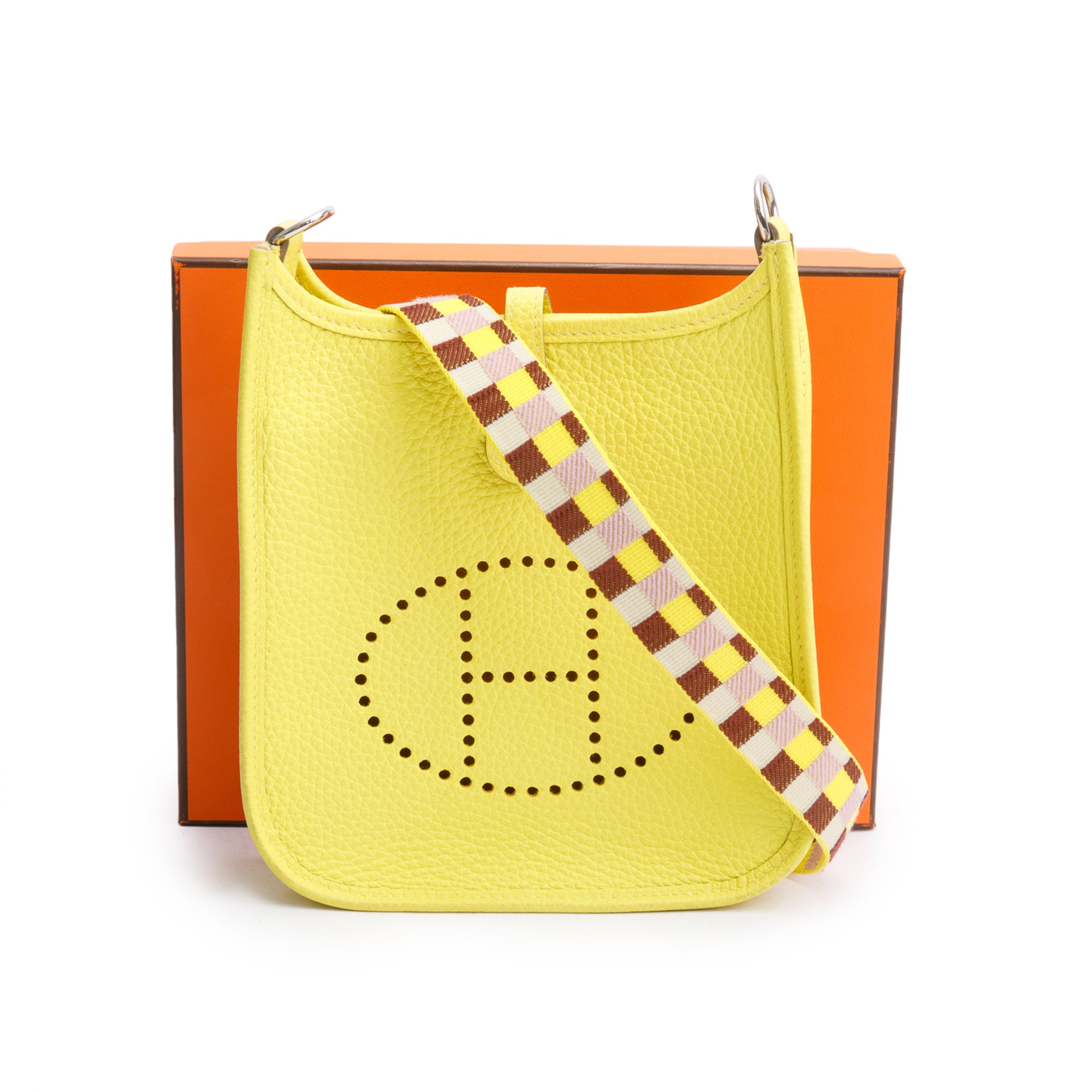 Hermes 2022 Lime Citron Taurillon Clemence Quadrille Evelyne TPM 16 w/ Box & Strap