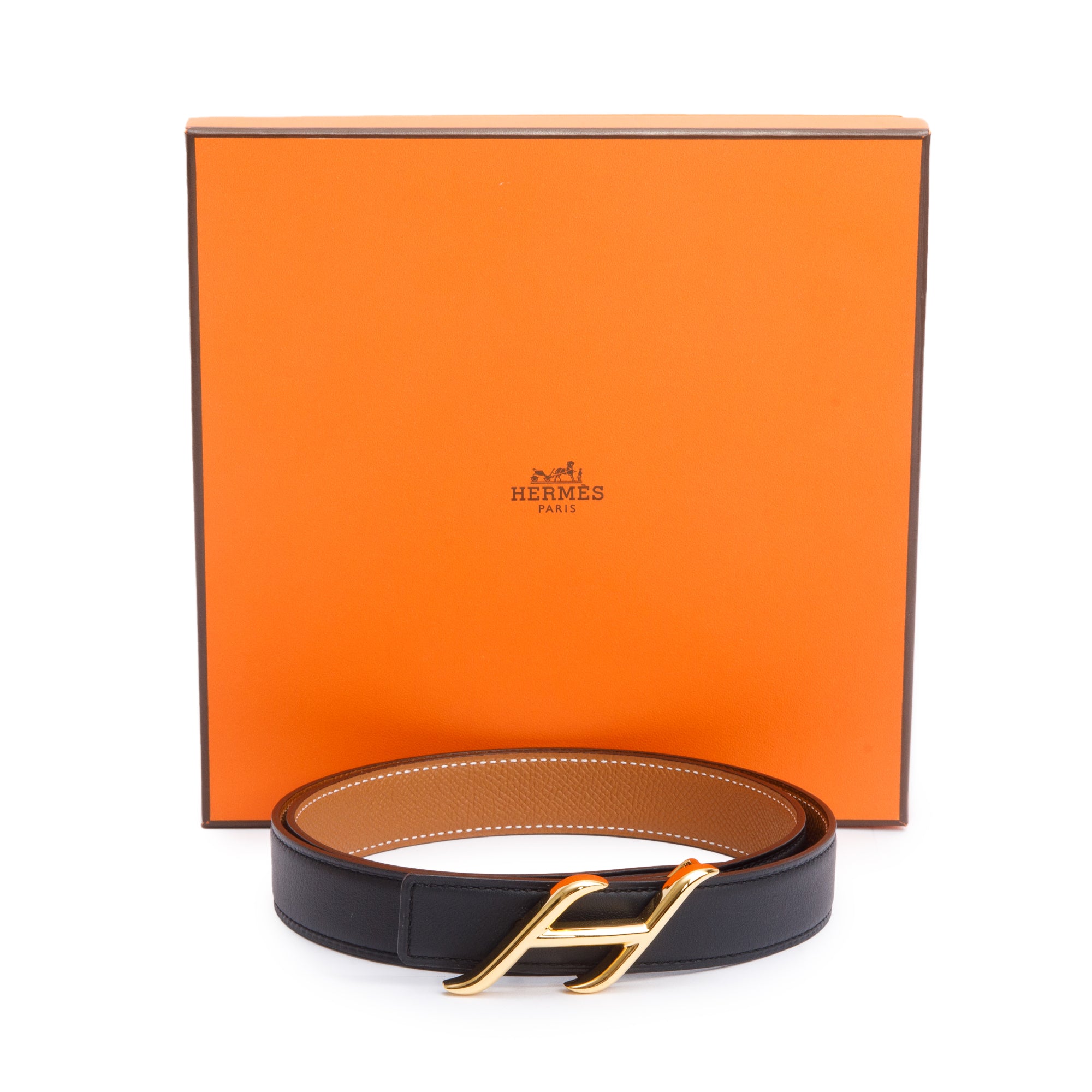 Hermes 2023 Noir/Gold Swift & Epsom Leather Reversible 24 MM Gold Plated HDN Belt Kit 80 w/ Box