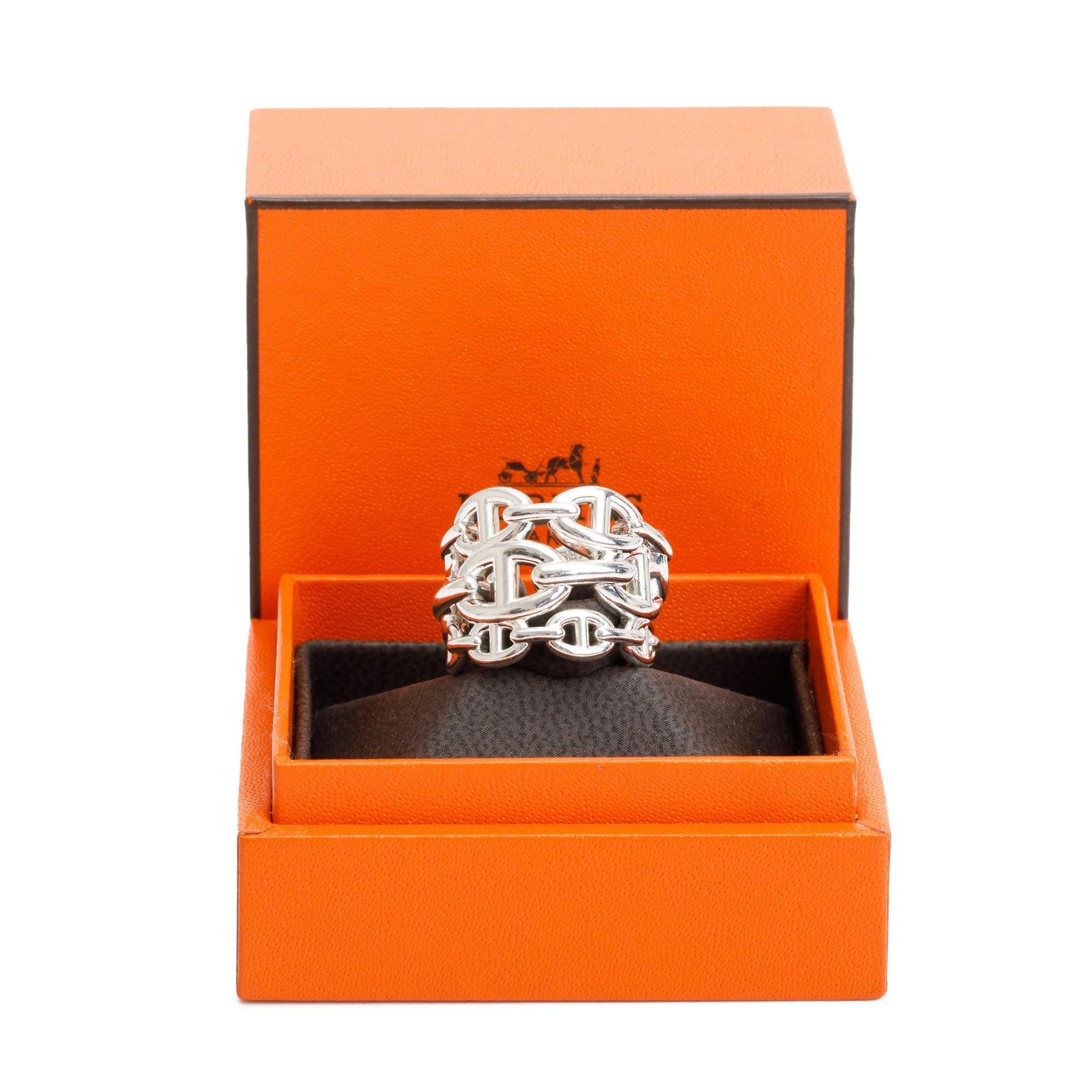 Hermes 2023 Sterling Silver Chaine De'Ancre Enchainee Ring, Large Model Size 56 7.5 w/ Box & Receipt