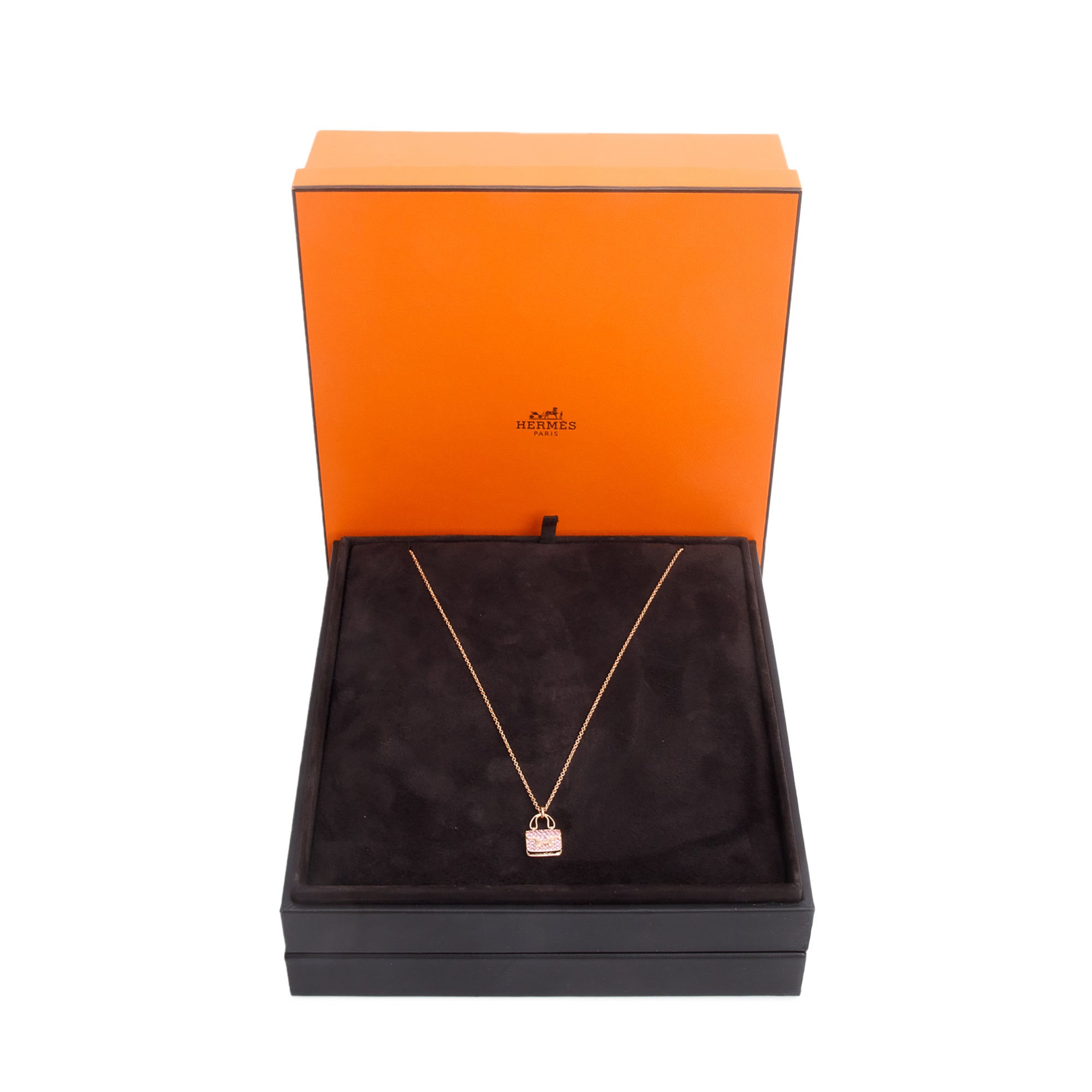 Hermes 2024 18k Rose Gold Pink Sapphire Amulettes Constance Pendant Necklace w/ Box & Certificate