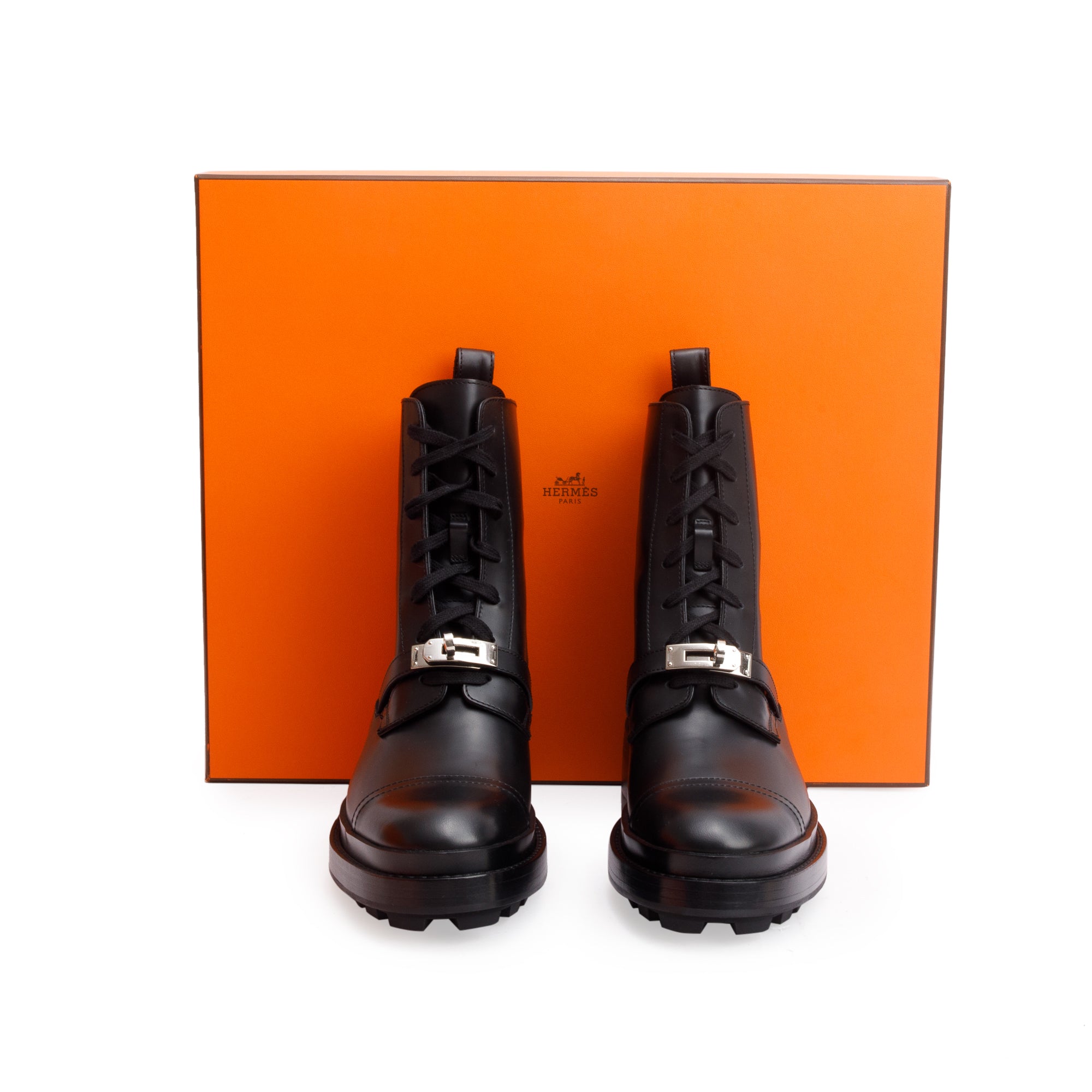Hermes 2024 Black Calfskin Leather Kelly Buckle Fiacre Ankle Boots, Size 38 w/ Box