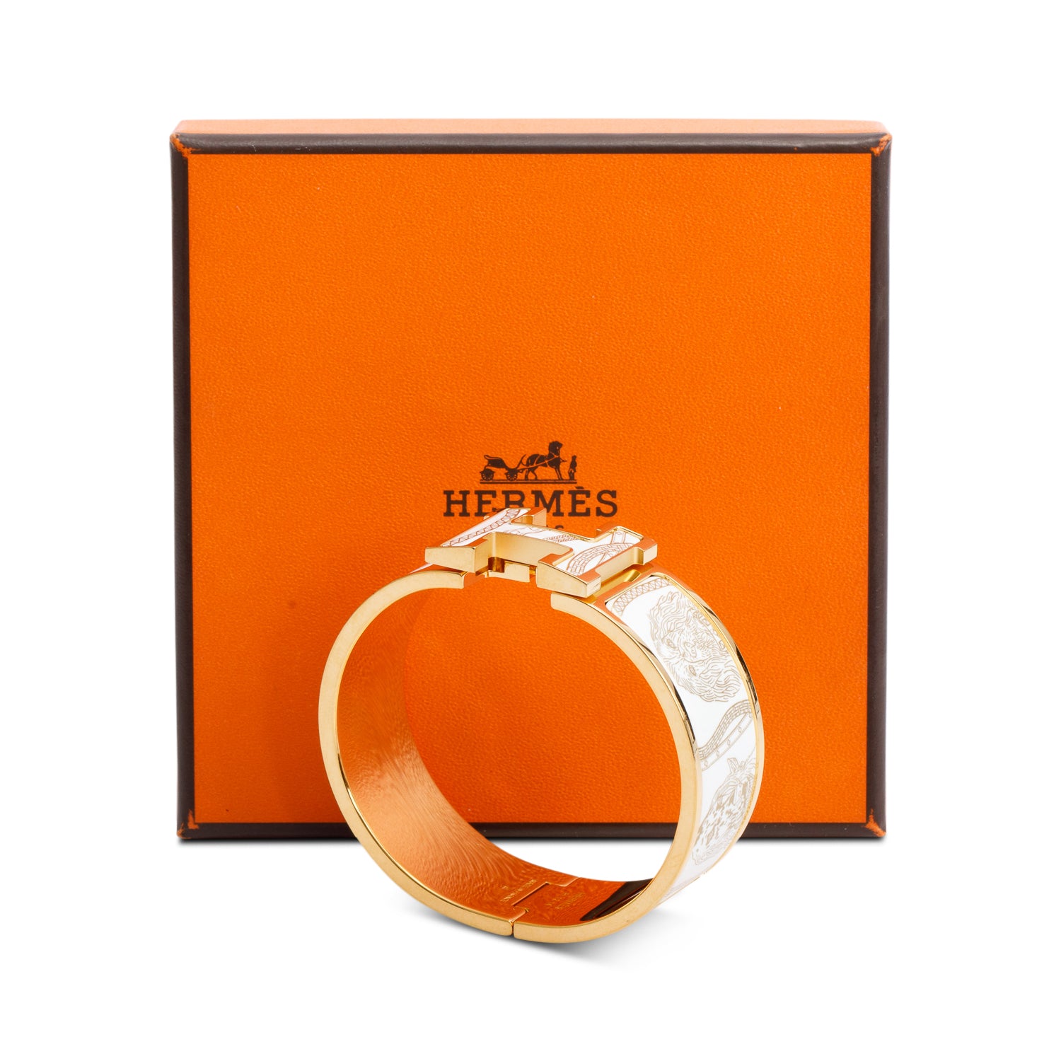 Hermes 2025 Yellow Gold-Plated White Printed Enamel All Over Jour de Casting Clic Clac H Bracelet w/ Box & Receipt
