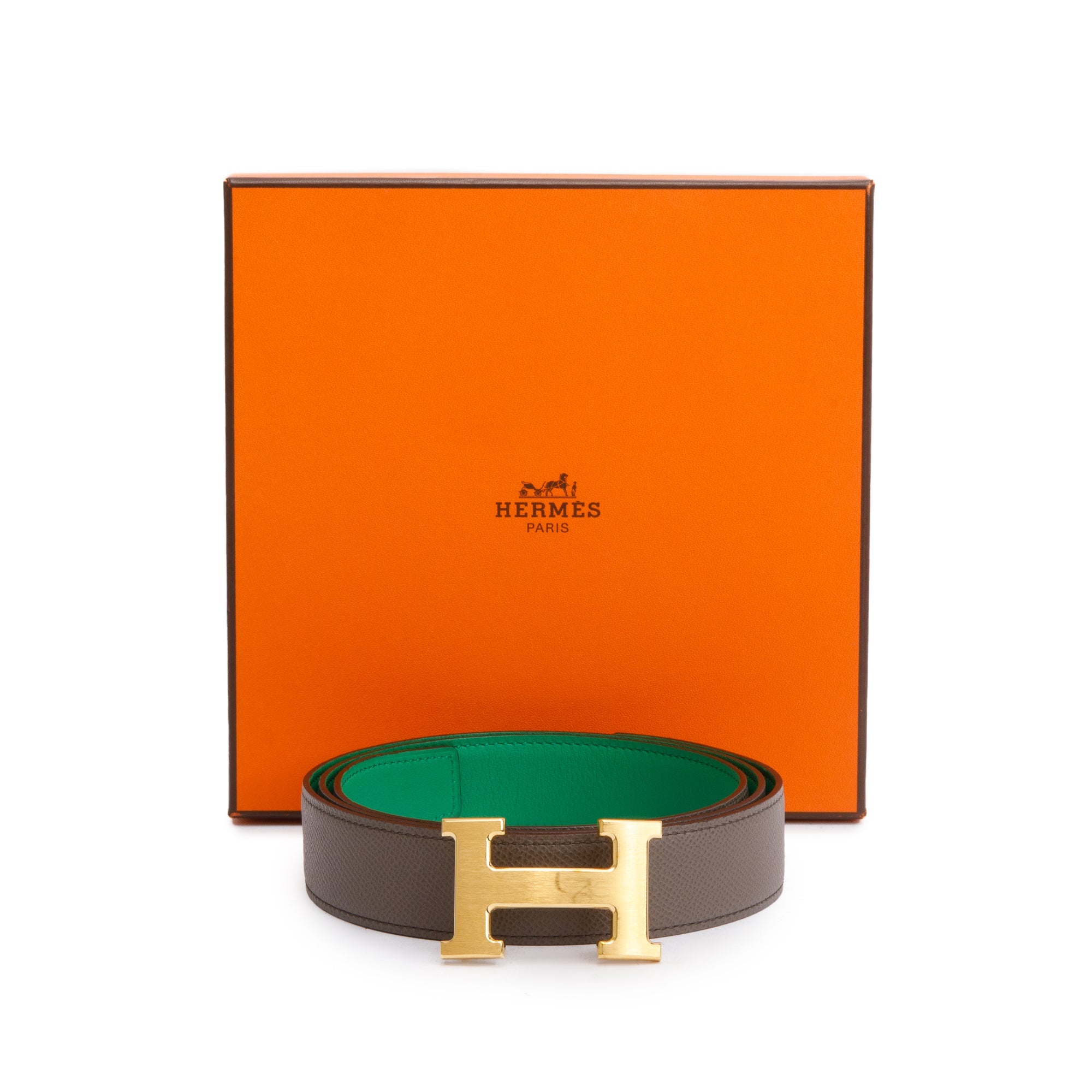 Hermes Bamboo Swift Etoupe Epsom Leather Reversible 32 mm H Belt Kit 100 w/ Box