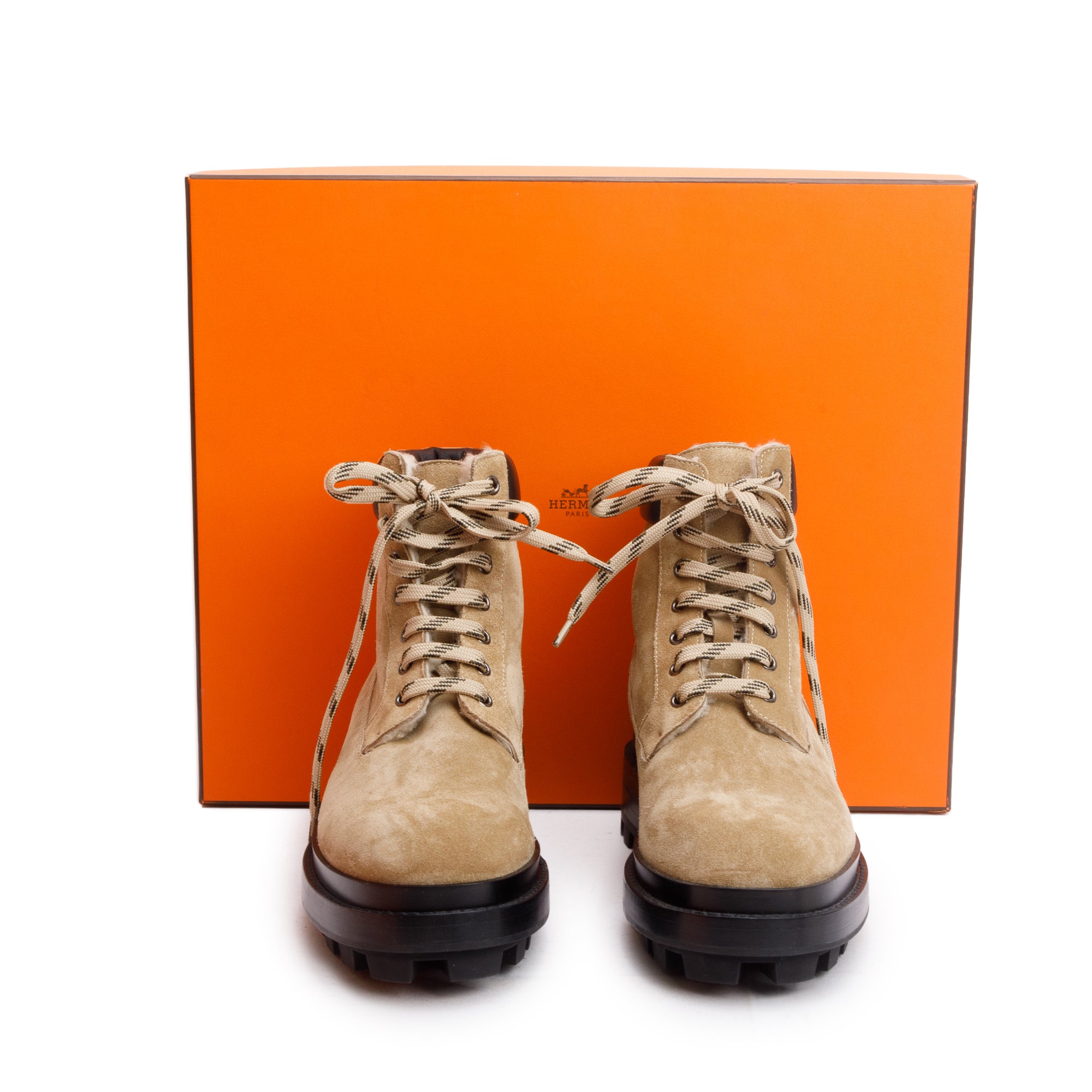 Hermes Beige Gobi/Noir Veau Velours Bottillons Fair Ankle Boots, Size 41 w/ Box