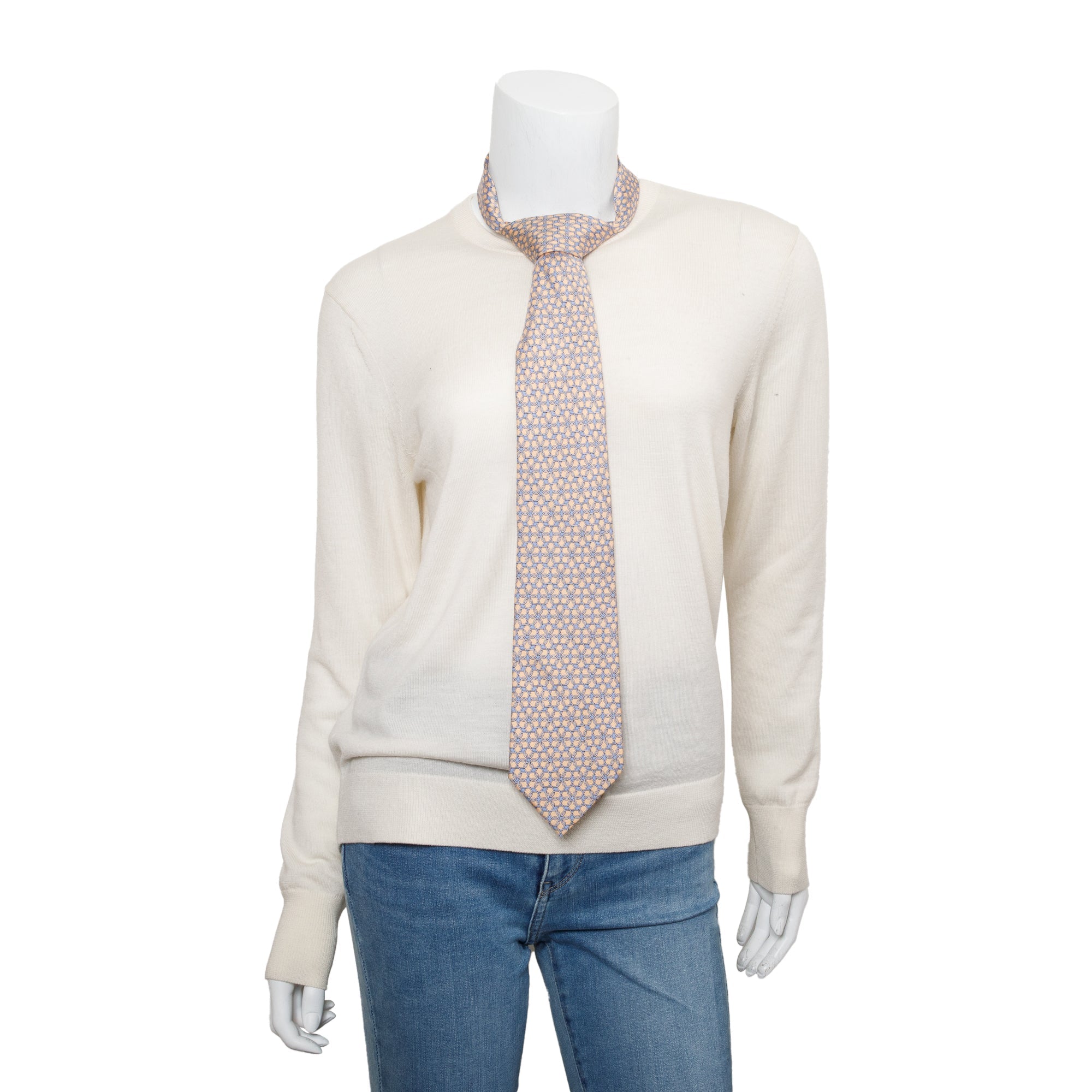 Hermes Beige/Blue 7884 MA Printed Silk Tie w/ Box