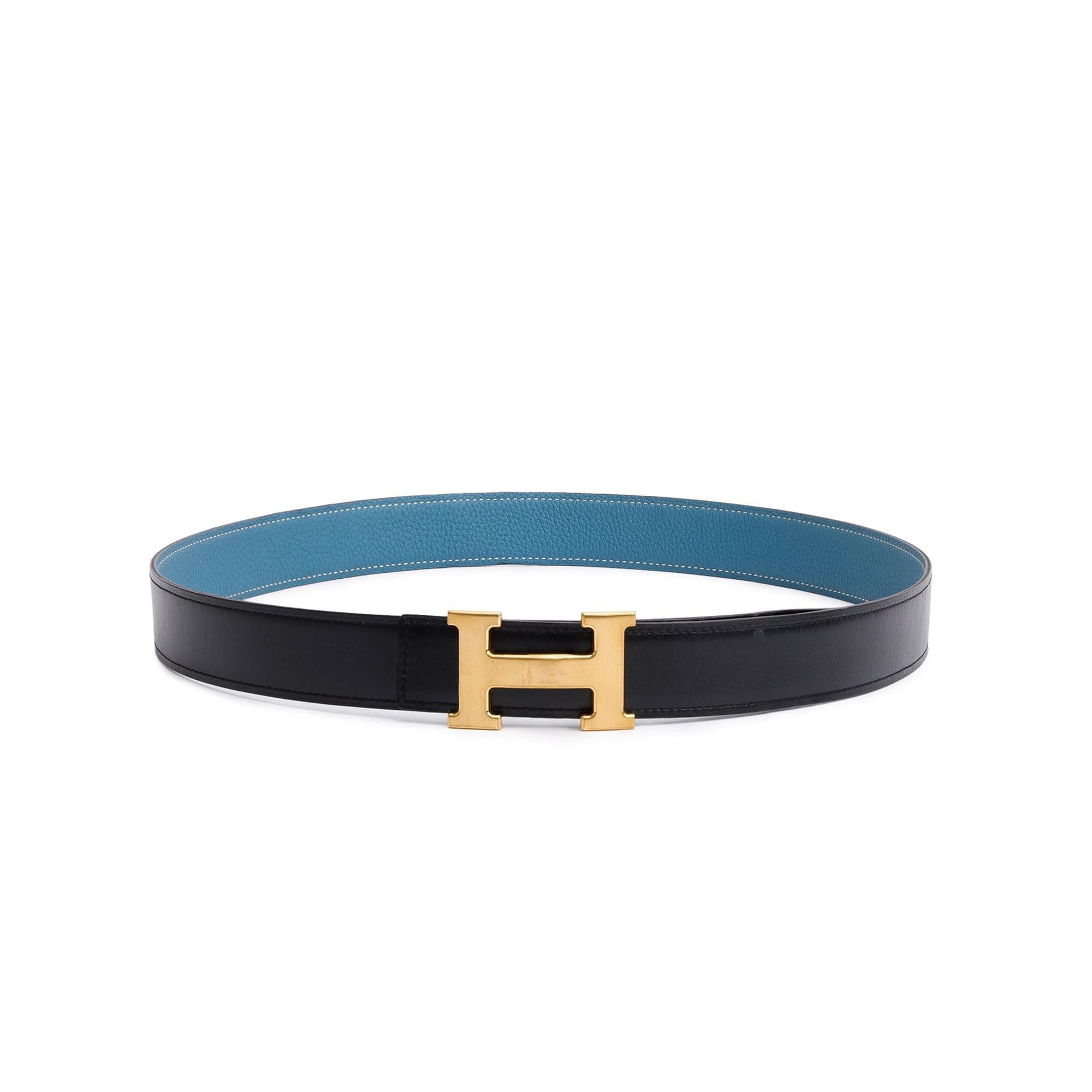 Hermes Black Box Bleu Togo Leather Reversible 32 mm H Belt Kit w/ Box
