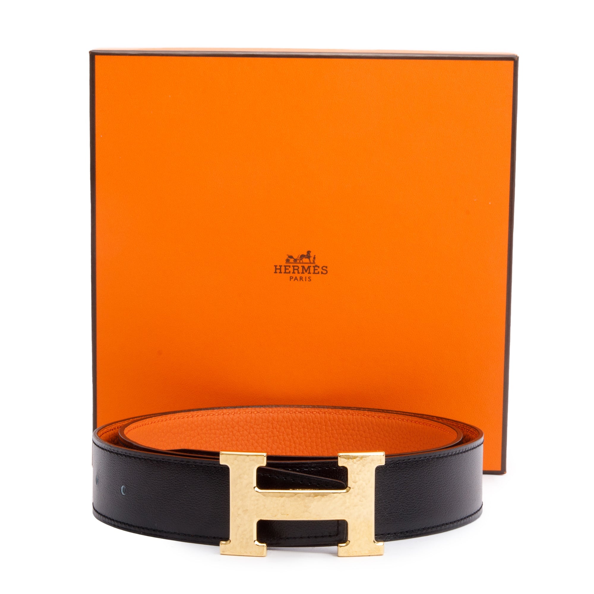 Hermes Black Box Orange Togo Leather Reversible 32 mm H Belt Kit 90 w/ Box