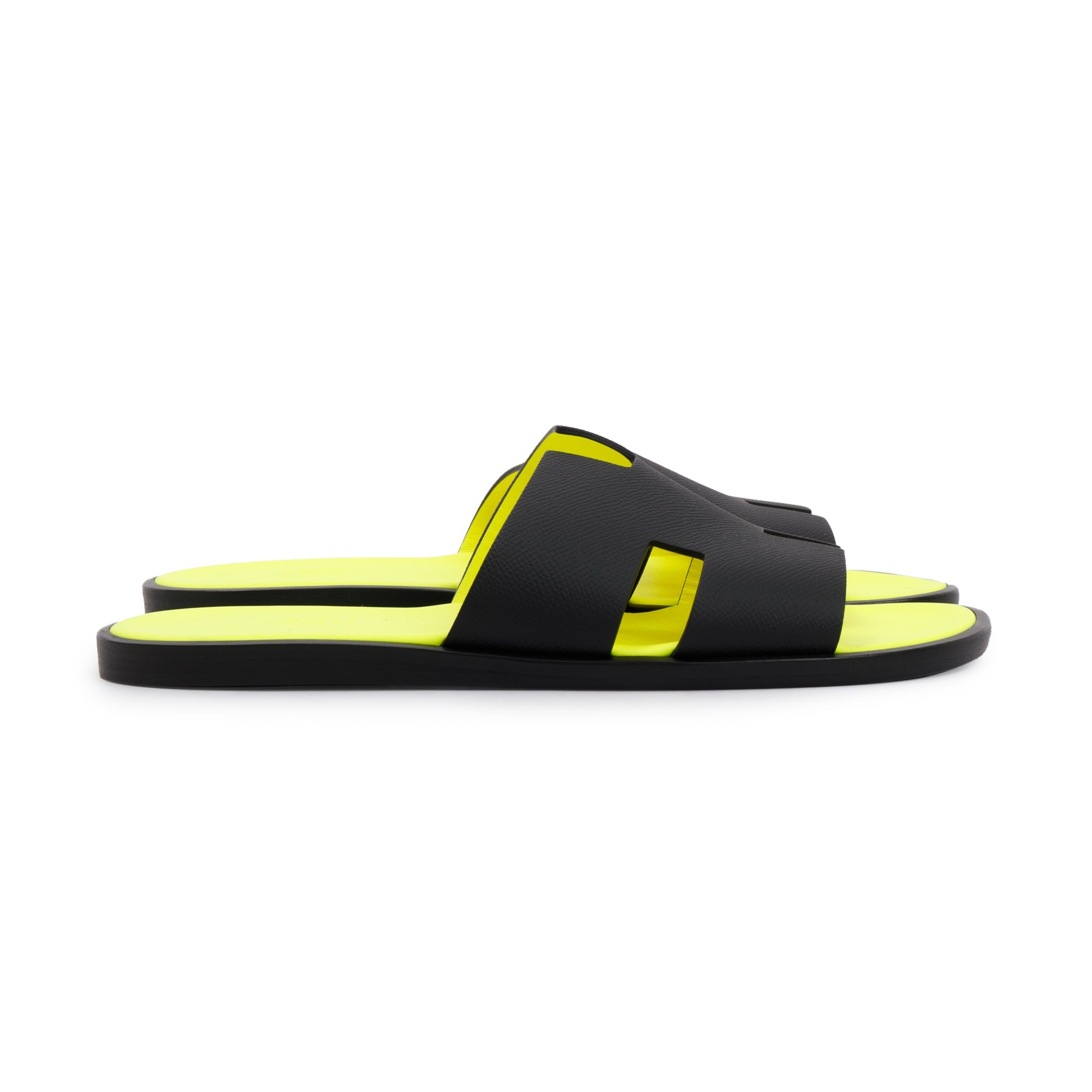 Hermes Black Epsom Leather & Jaune Fluo Mens Izmir Sandals, Size 43