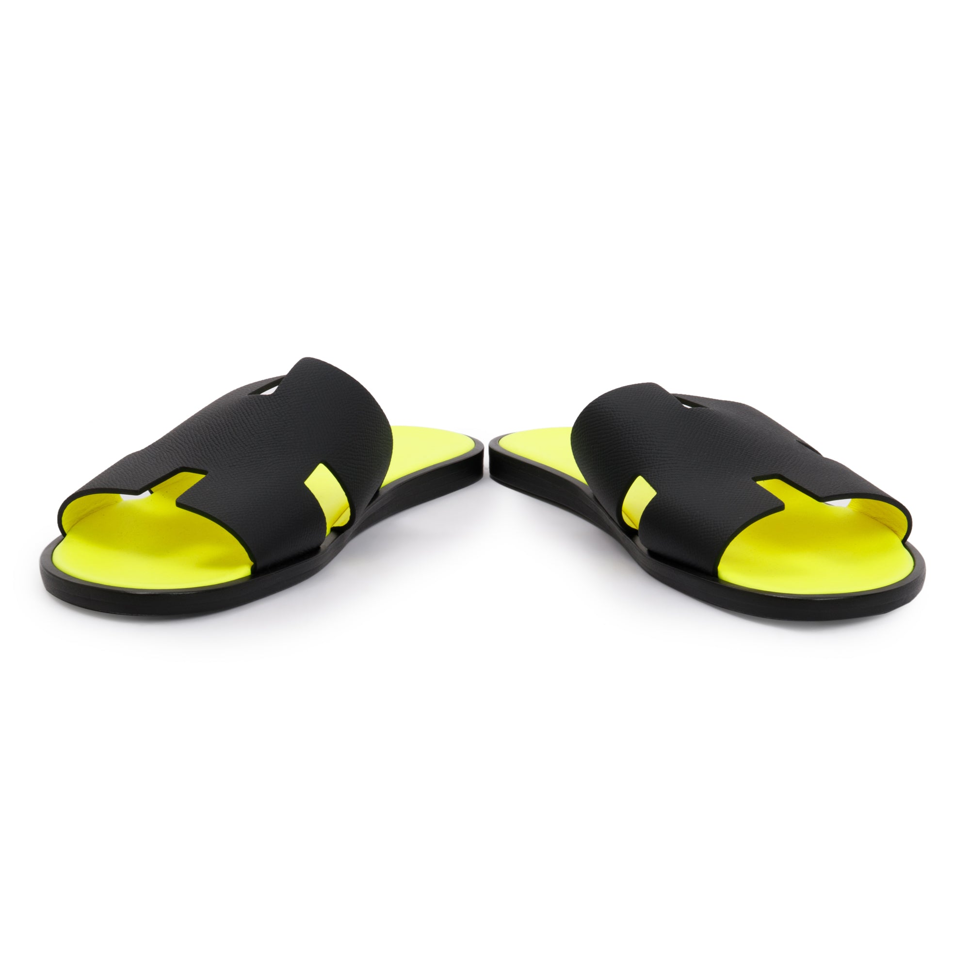 Hermes Black Epsom Leather & Jaune Fluo Mens Izmir Sandals, Size 43