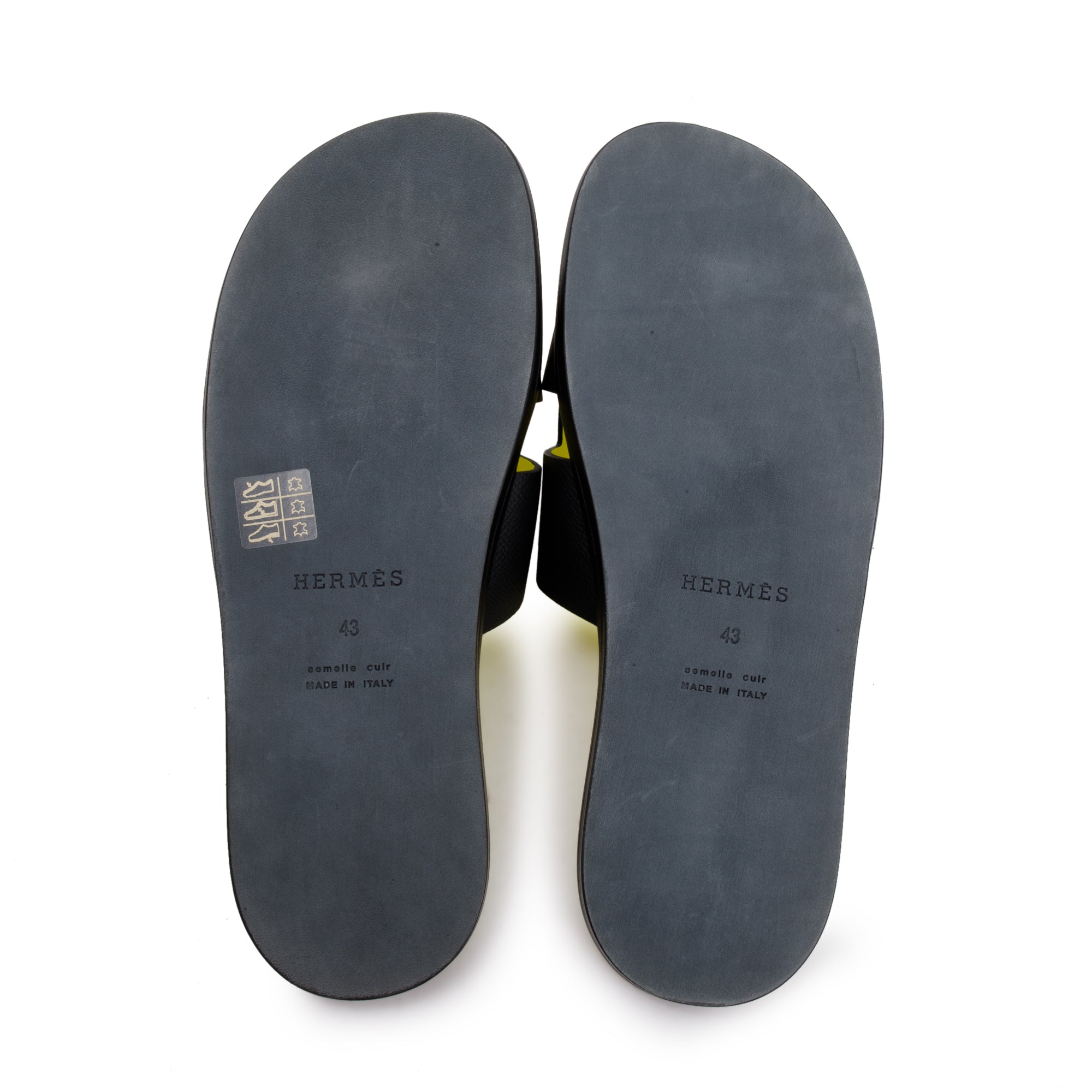 Hermes Black Epsom Leather & Jaune Fluo Mens Izmir Sandals, Size 43
