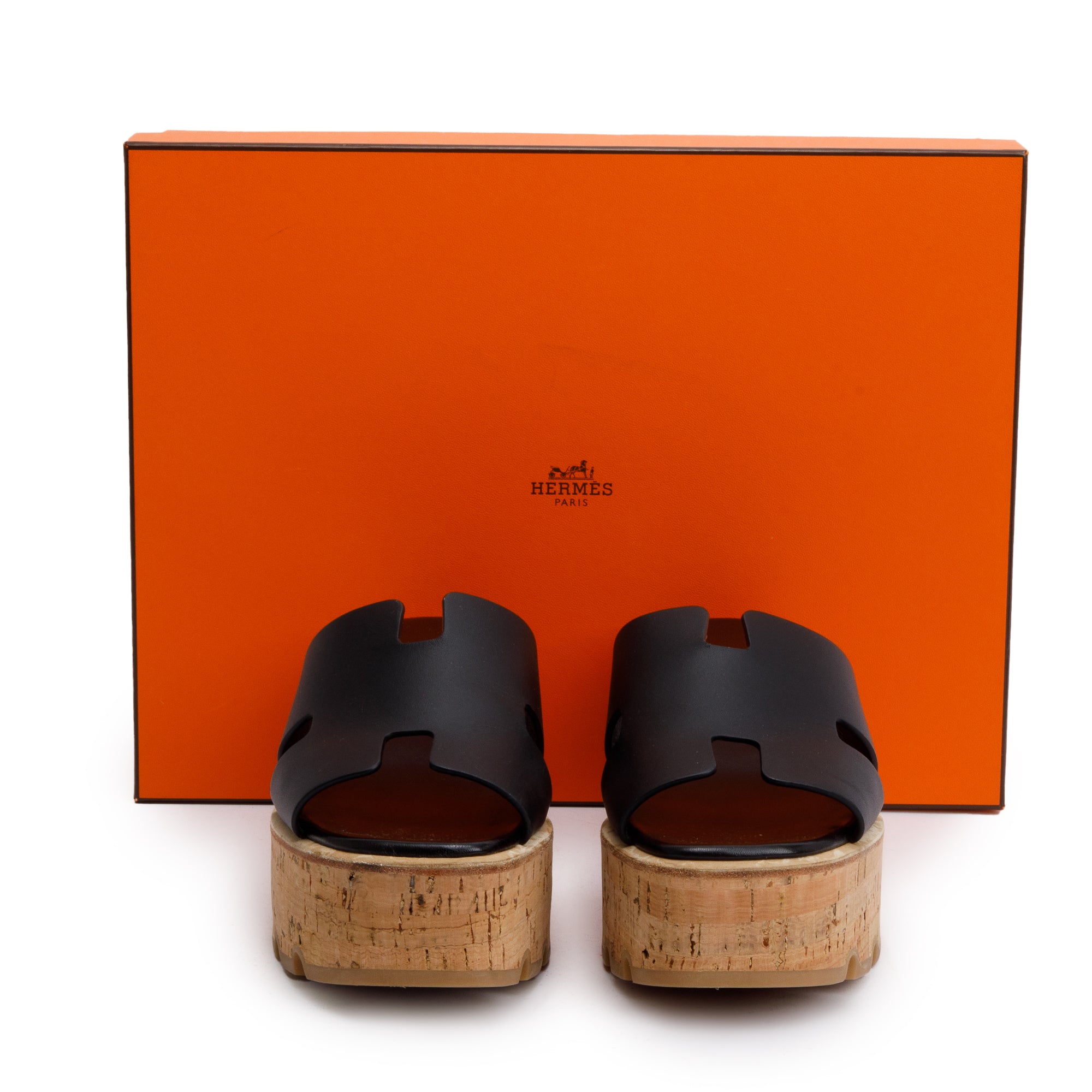 Hermes Black Noir Calfskin Leather Eze 30 Sandals, Size 37 w/ Box