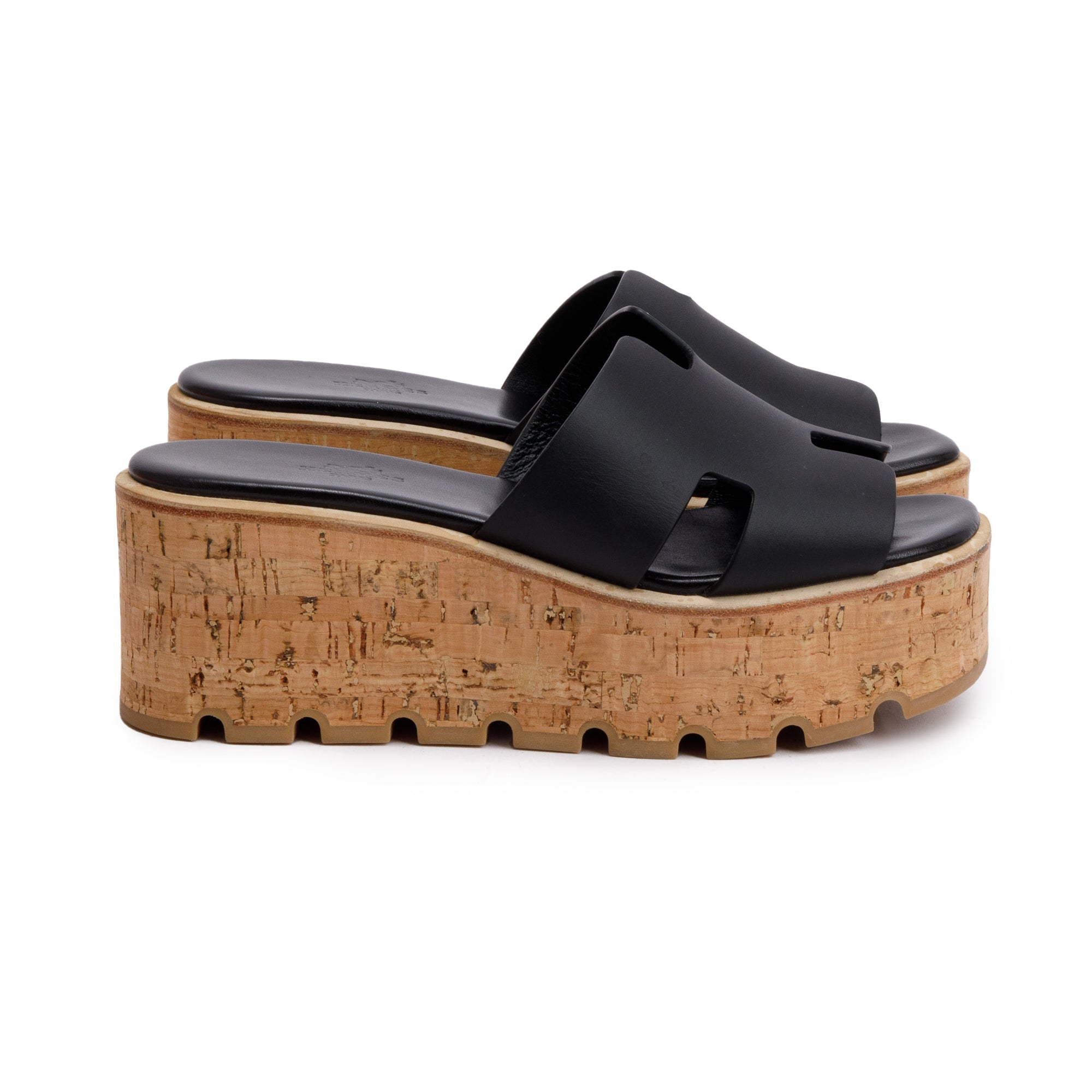 Hermes Black Noir Calfskin Leather Eze 30 Sandals, Size 37 w/ Box