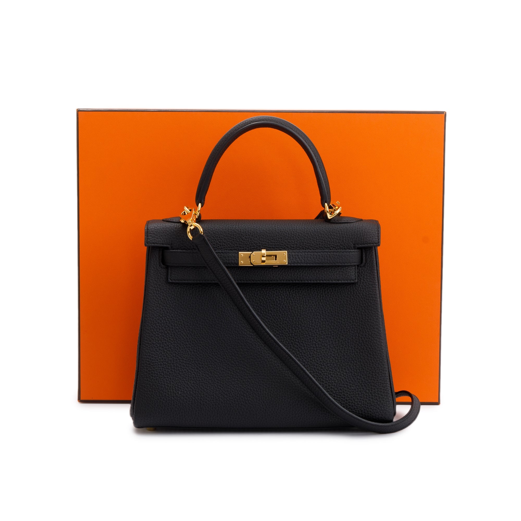 Hermes Black Togo Kelly II Retourne 25 w/ Strap & Box