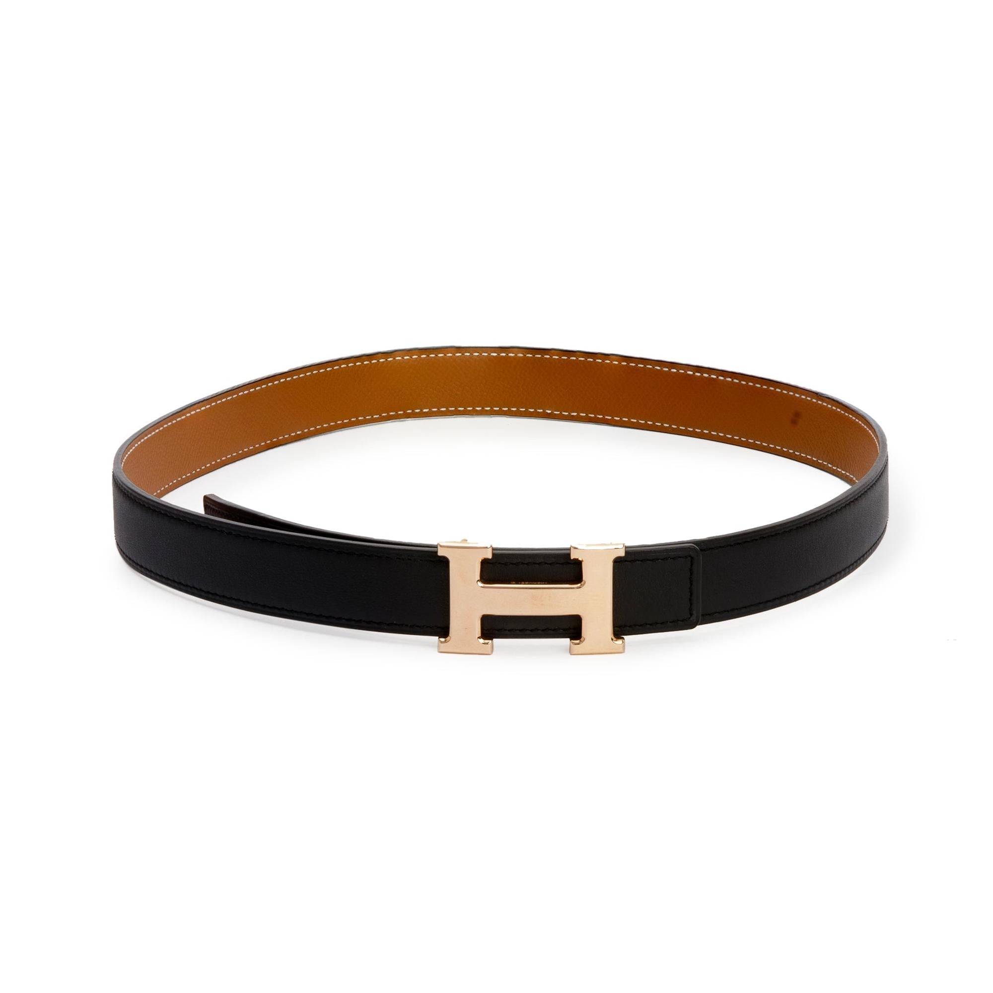 Hermes Black/Gold Swift & Epsom Leather Reversible 24 MM Rose Gold Plated H Belt Kit