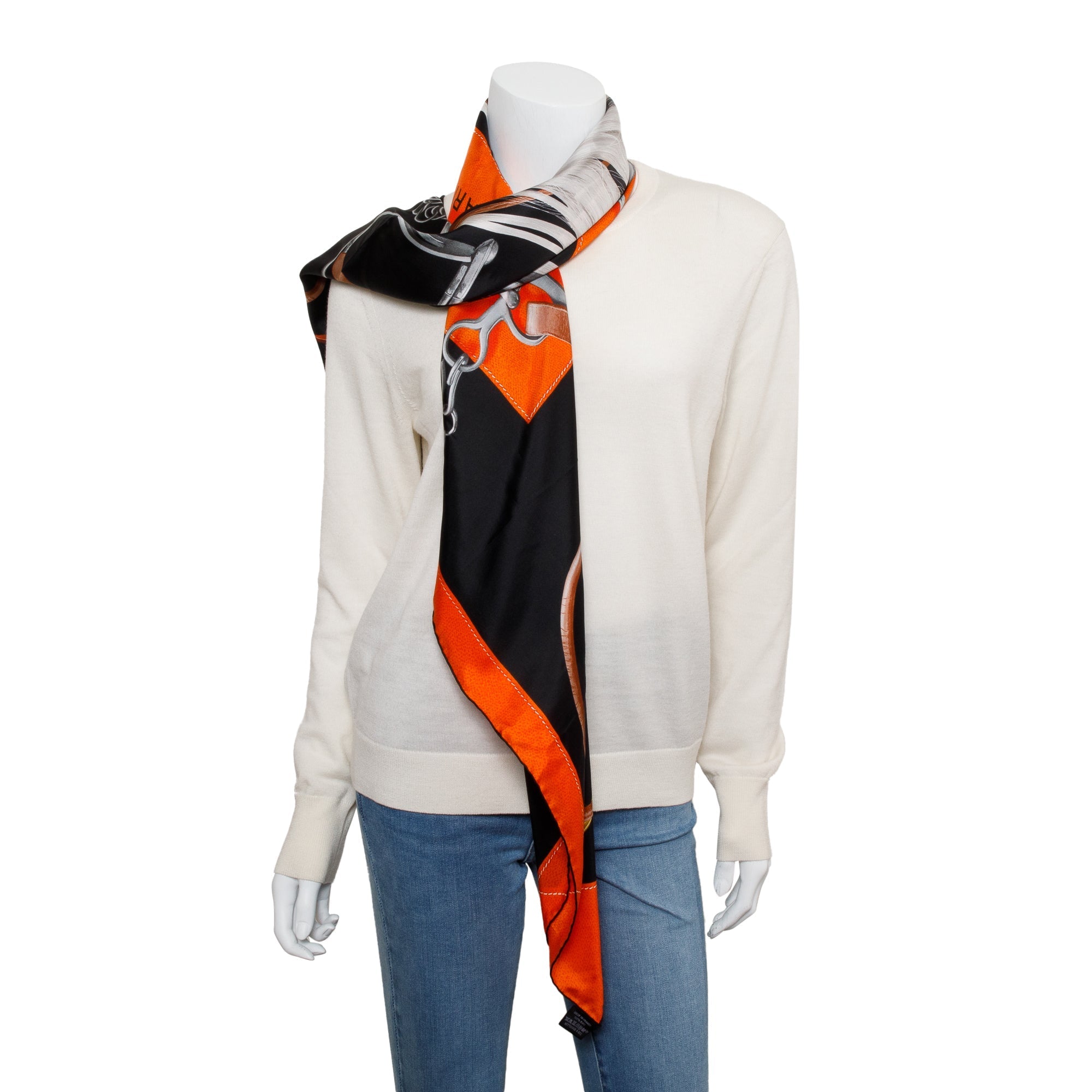 Hermes Black/Orange 'Projets Carres' Silk Scarf 140 w/ Box