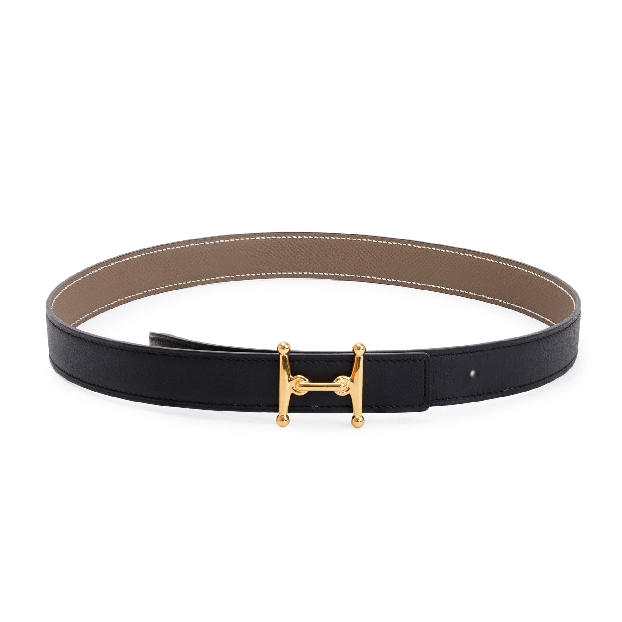 Hermes Black/Taupe Swift & Epsom Leather Reversible 24 MM Gold Plated Mors H Belt Kit w/ Box