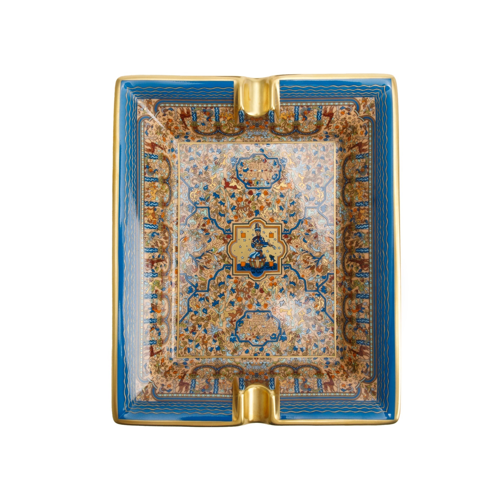 Hermes Bleu Cobalt 'Les Jardins D'Armenie' Porcelain Ashtray w/ Box
