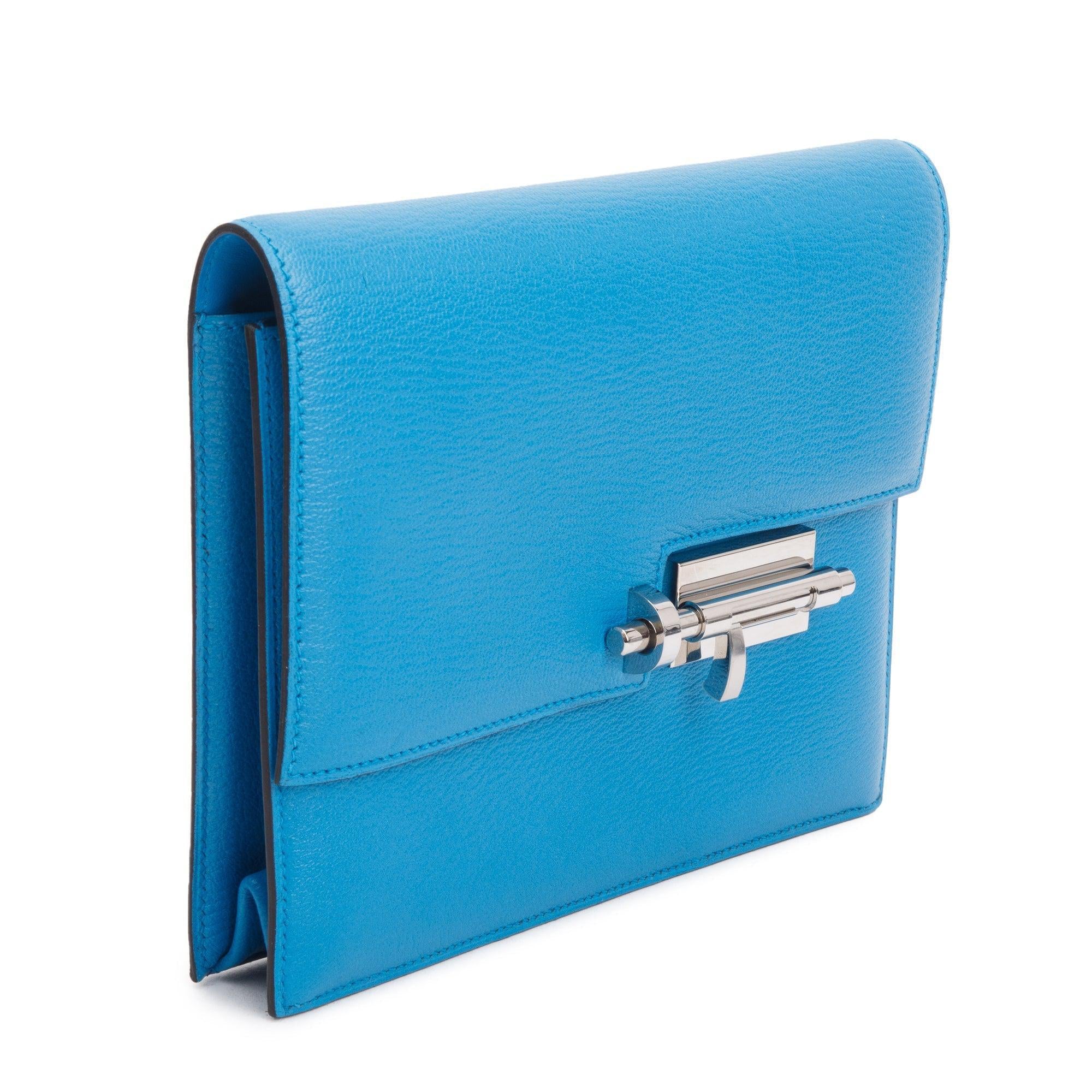 Hermes Blue Chevre Mysore Leather Verrou Clutch