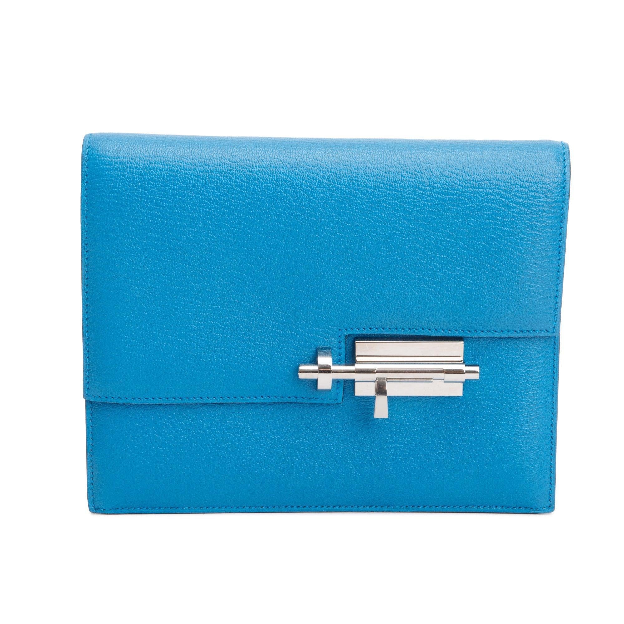 Hermes Blue Chevre Mysore Leather Verrou Clutch