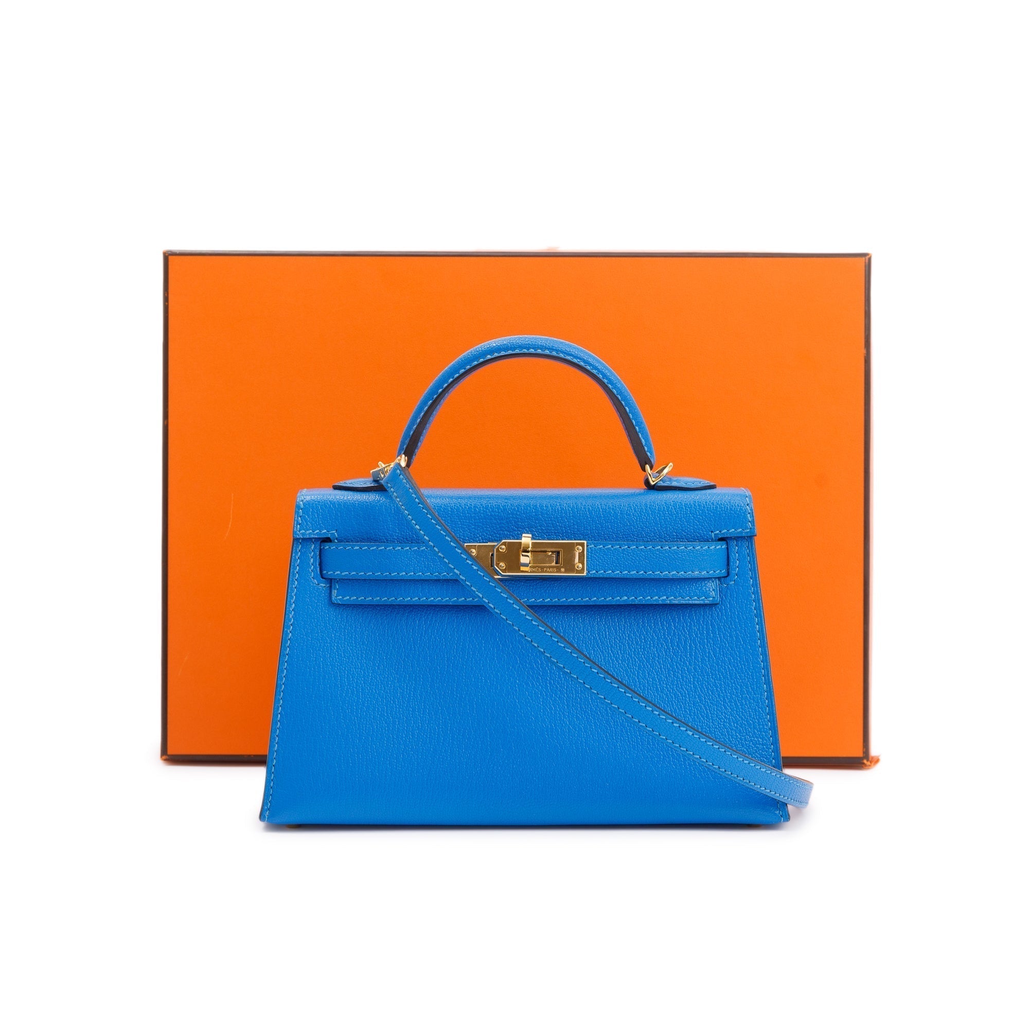 Hermes Blue Hydra Chevre Mysore Leather Mini Kelly II Sellier 20 w/ Box & Strap
