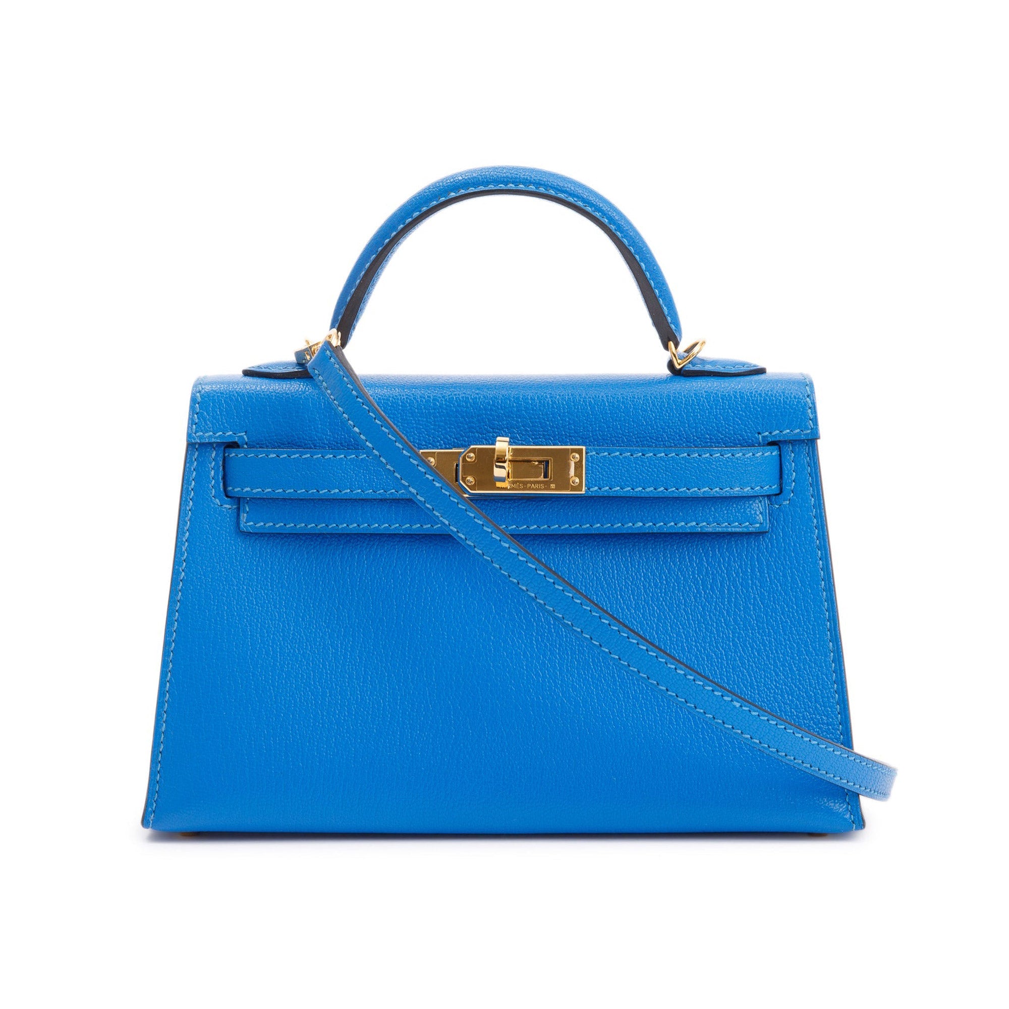 Hermes Blue Hydra Chevre Mysore Leather Mini Kelly II Sellier 20 w/ Box & Strap
