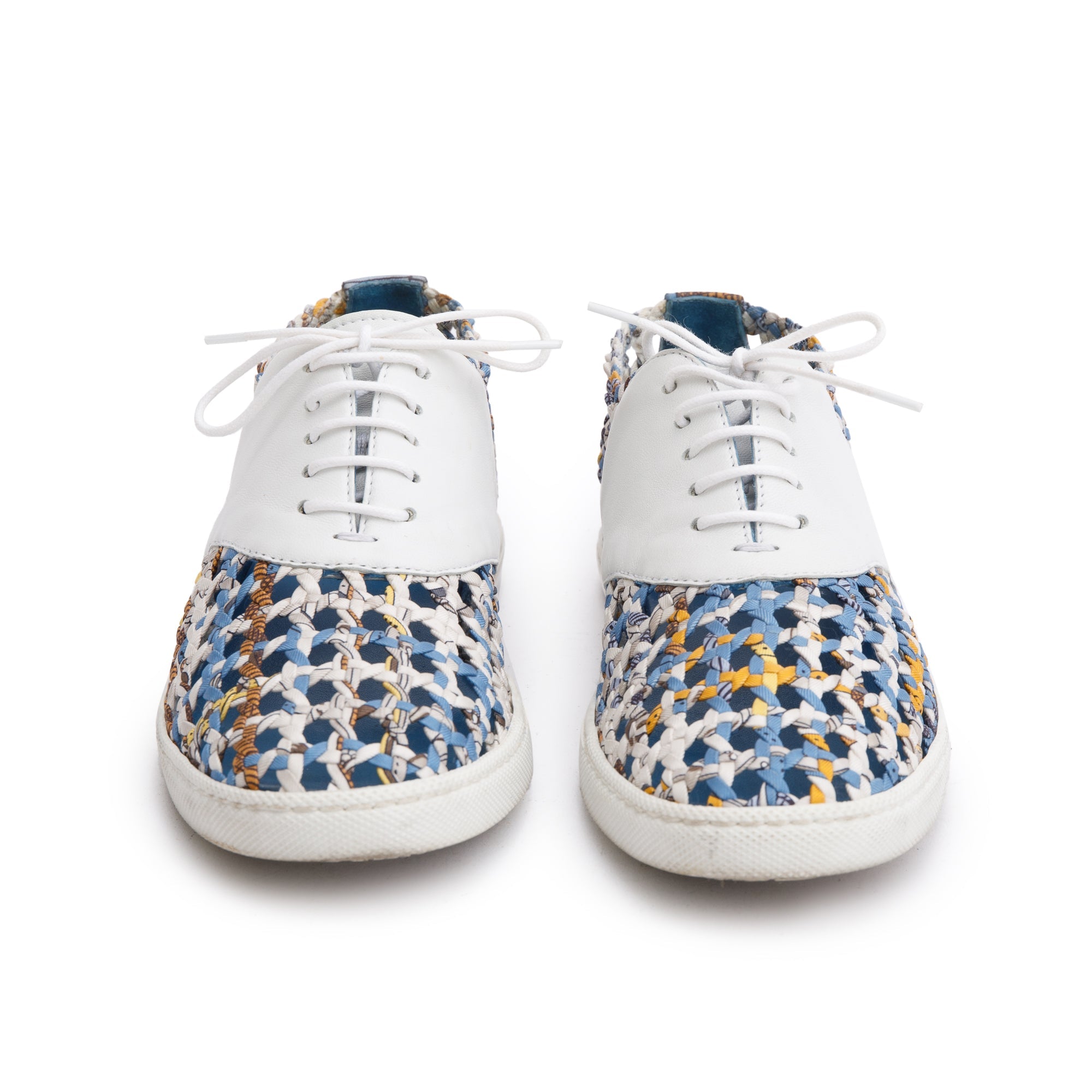 Hermes Blue Multicolor Animal Print Braided Silk White Leather Sneakers, Size 35.5