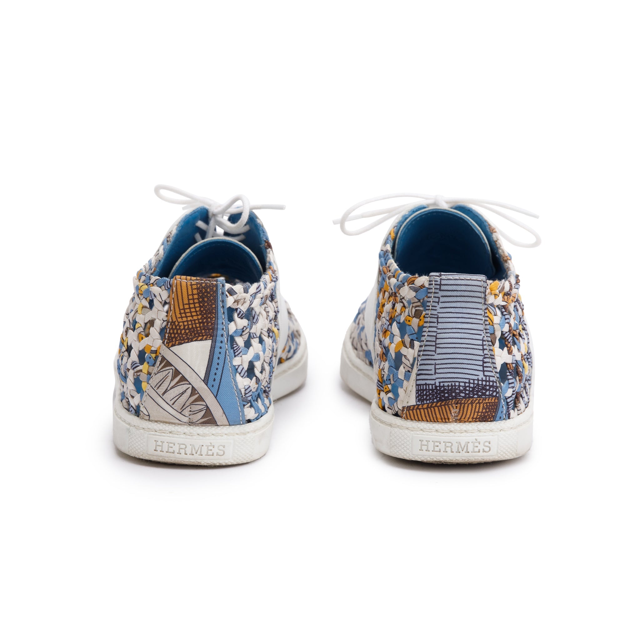 Hermes Blue Multicolor Animal Print Braided Silk White Leather Sneakers, Size 35.5