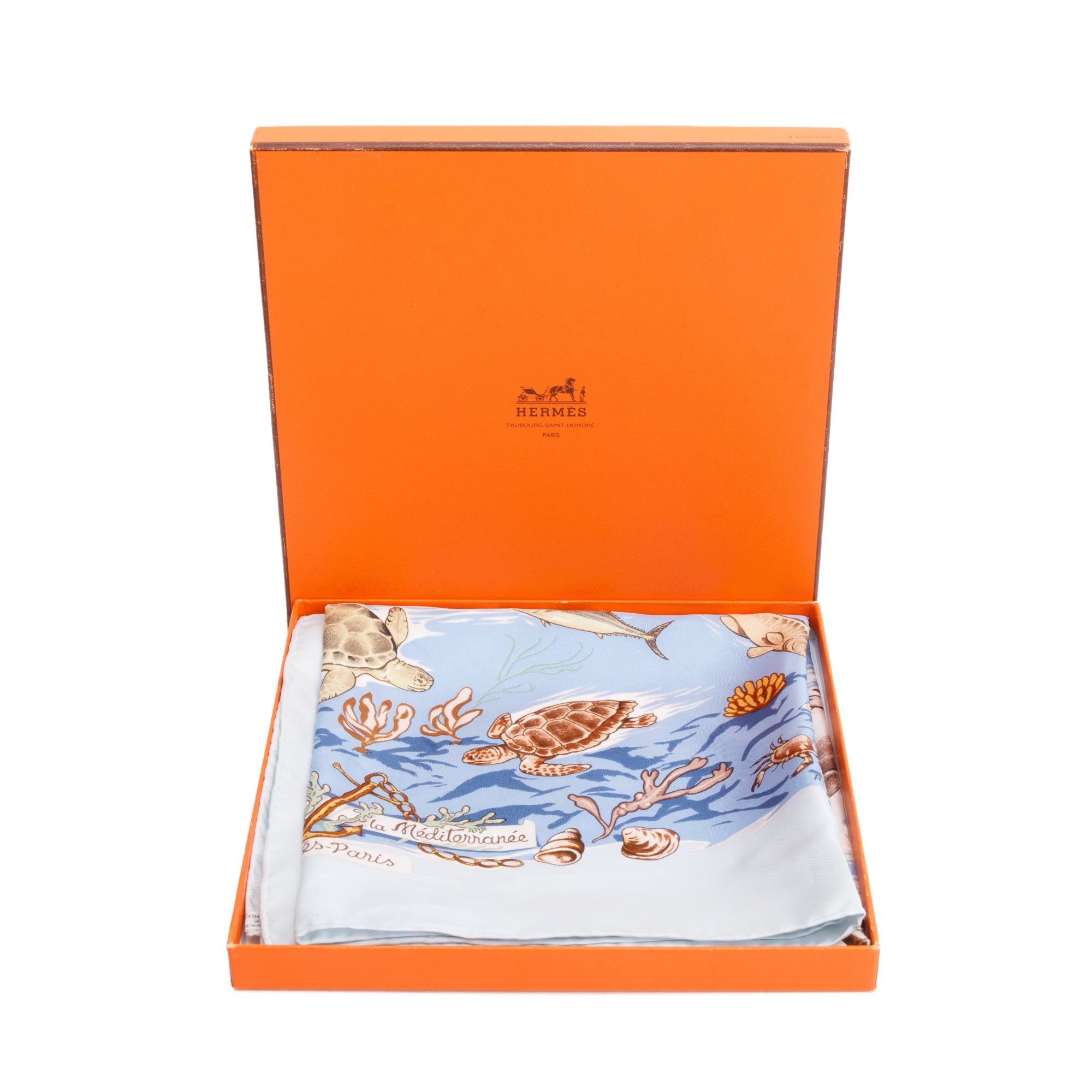 Hermes Blue & Multicolor 'La Vie Precieuse de la Mediterranee' Silk Scarf 90 w/ Box