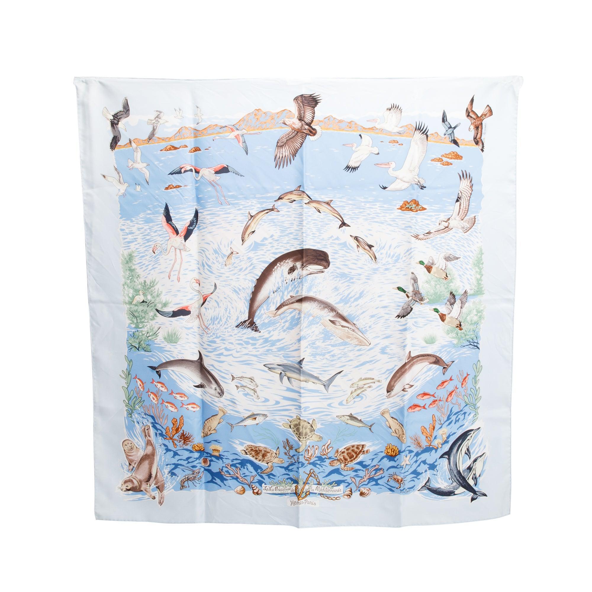 Hermes Blue & Multicolor 'La Vie Precieuse de la Mediterranee' Silk Scarf 90 w/ Box