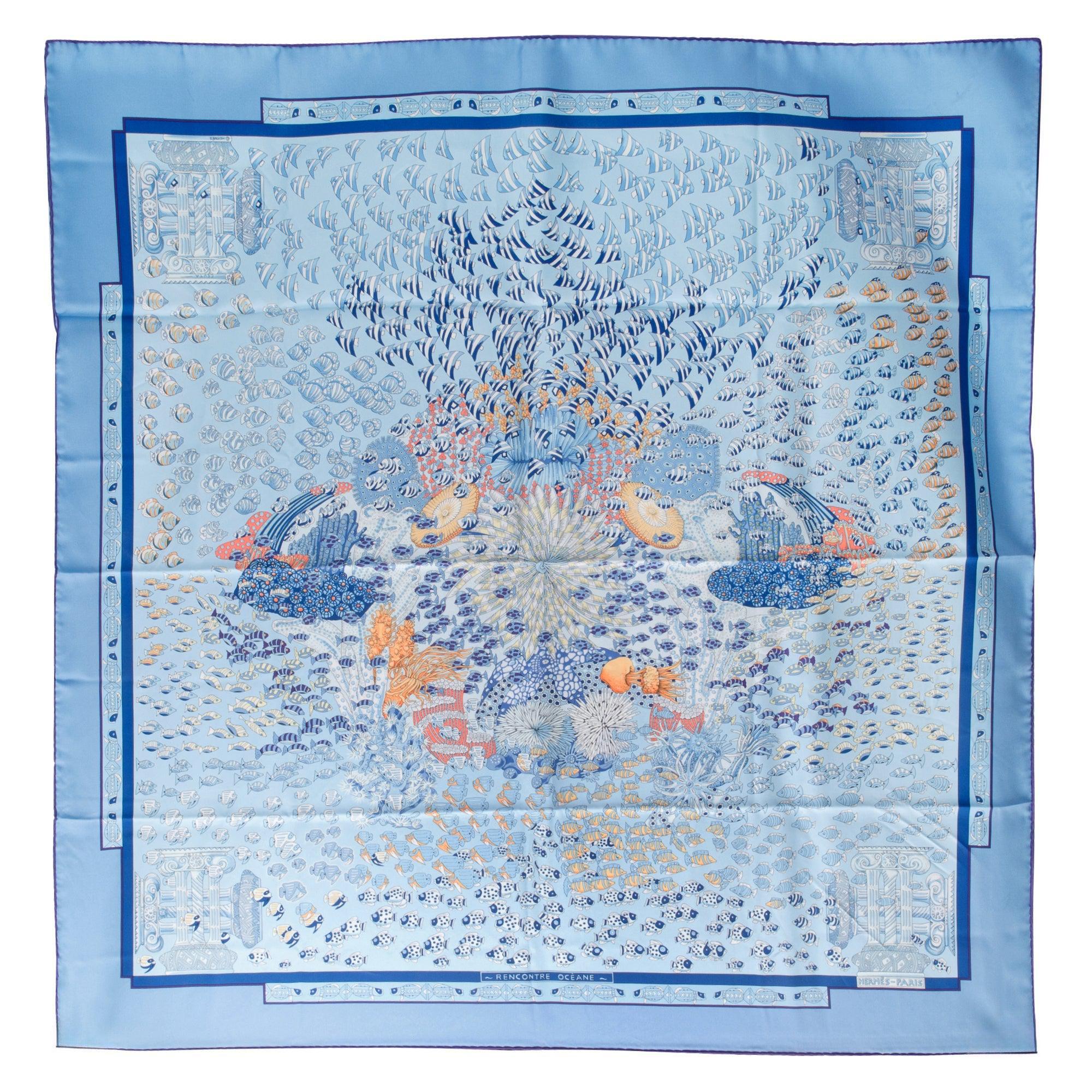 Hermes Blue & Multicolor 'Rencontre Oceane' Silk Scarf 90 w/ Box