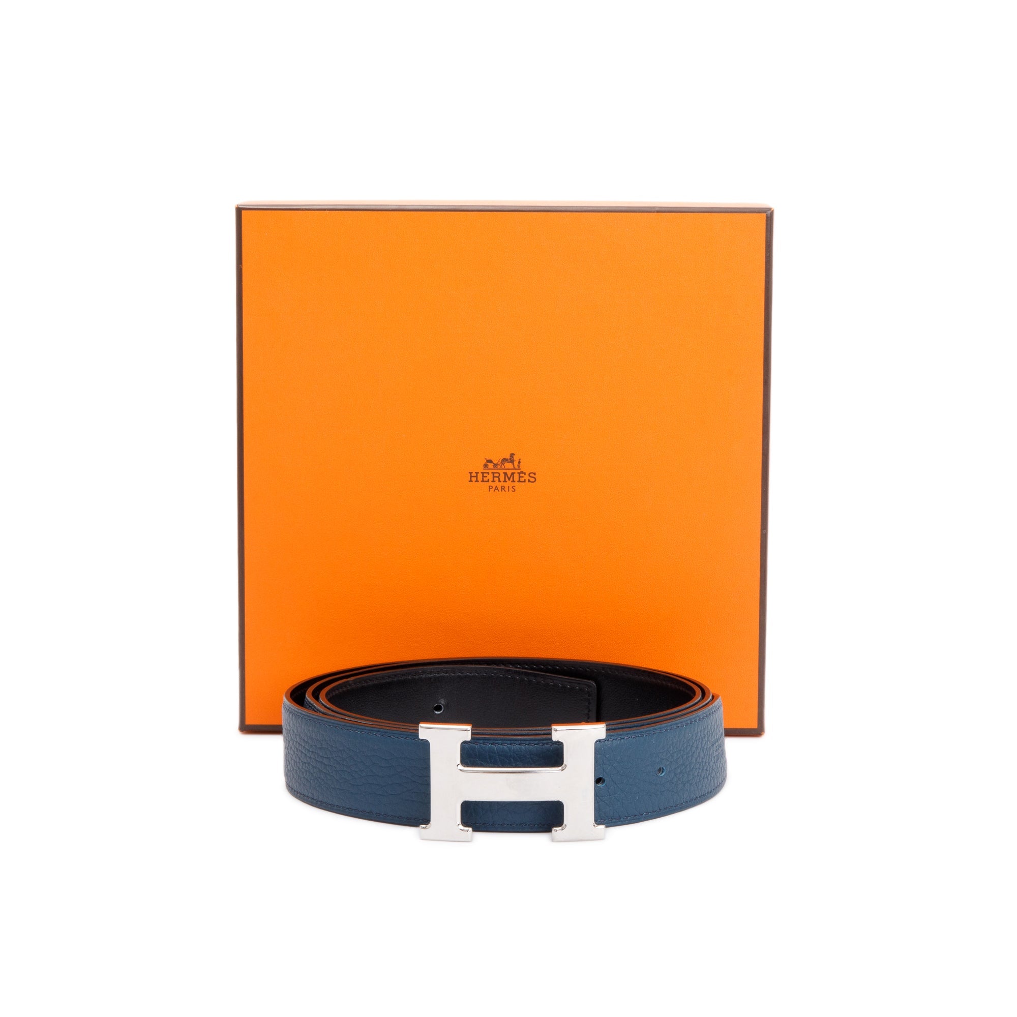 Hermes Blue/Black Leather Reversible 32 MM H Belt Kit w/ Box