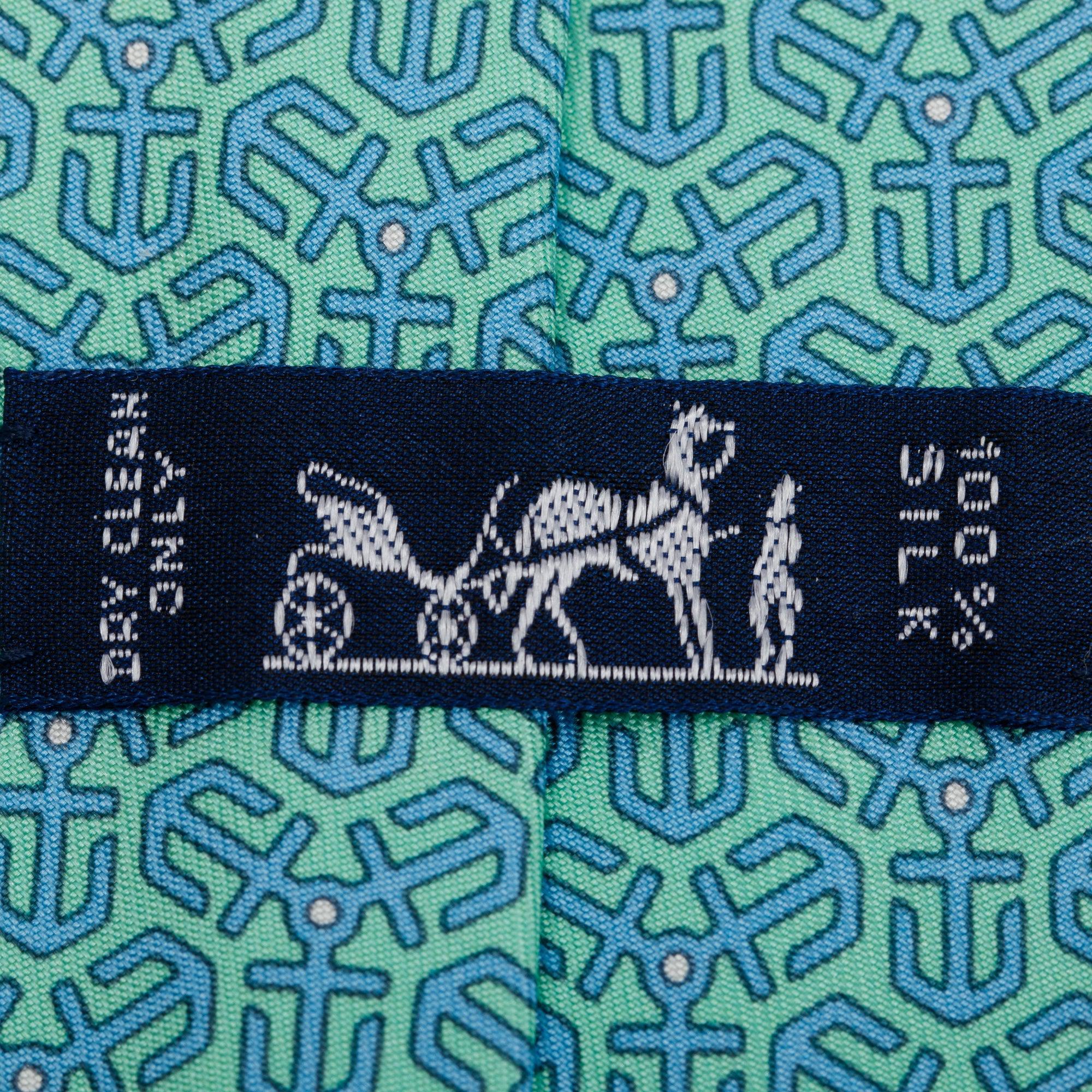 Hermes Blue/Green 7128 FA Printed Silk Tie