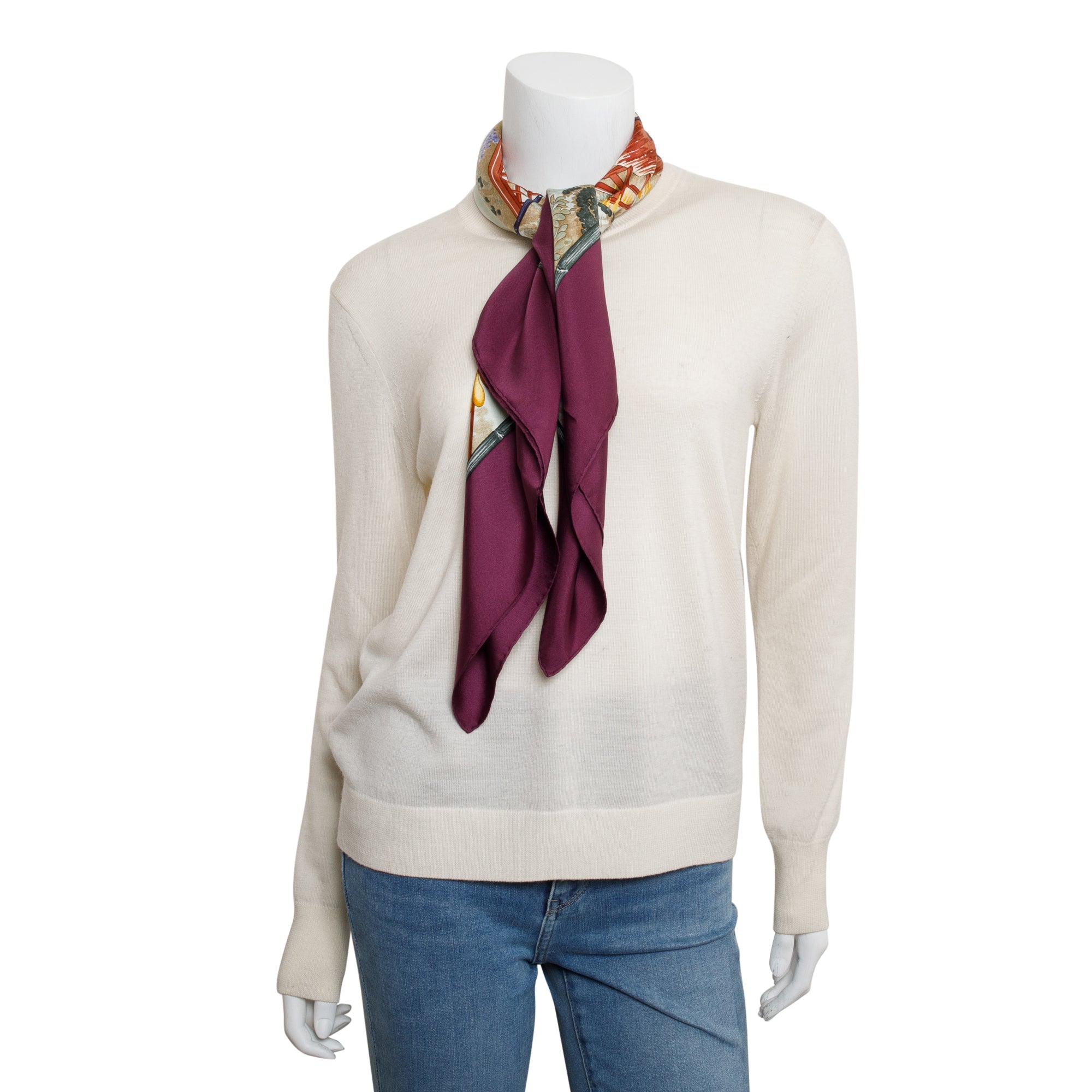 Hermes Burgundy 'Giverny Floral' Silk Scarf 90