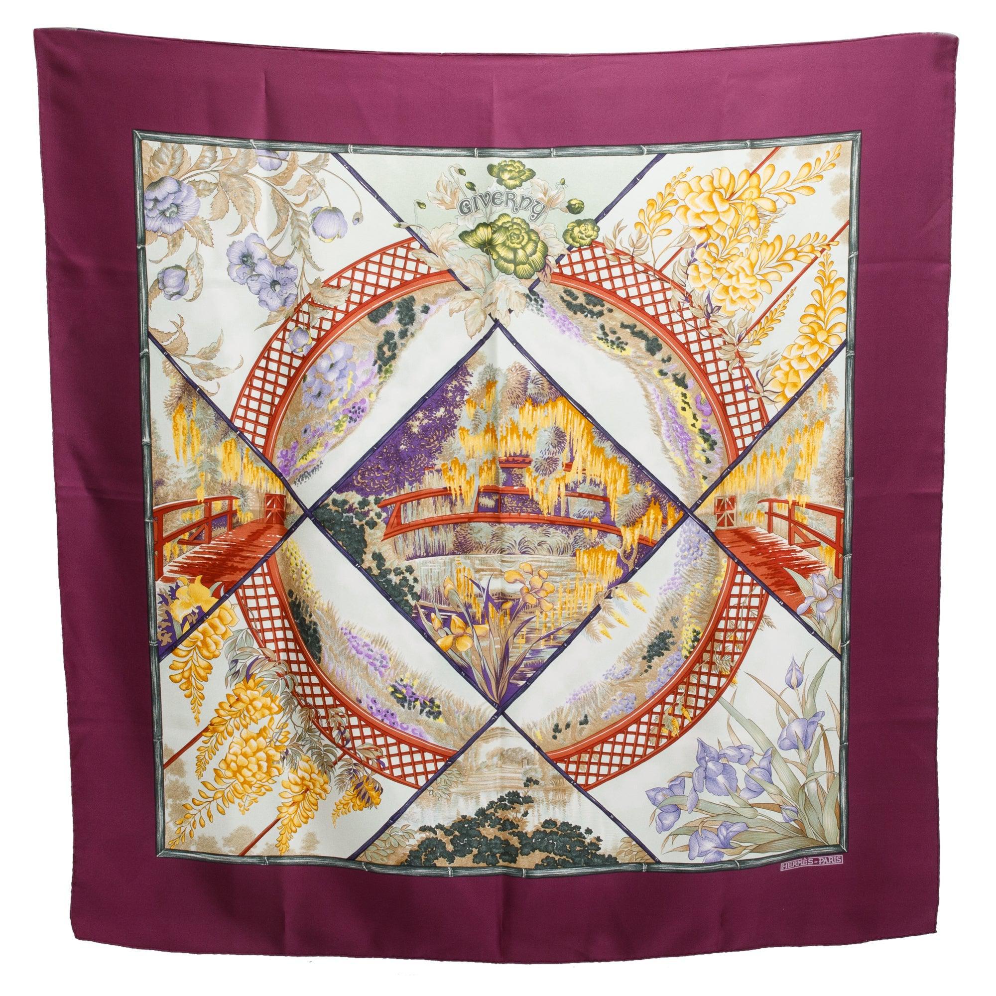 Hermes Burgundy 'Giverny Floral' Silk Scarf 90