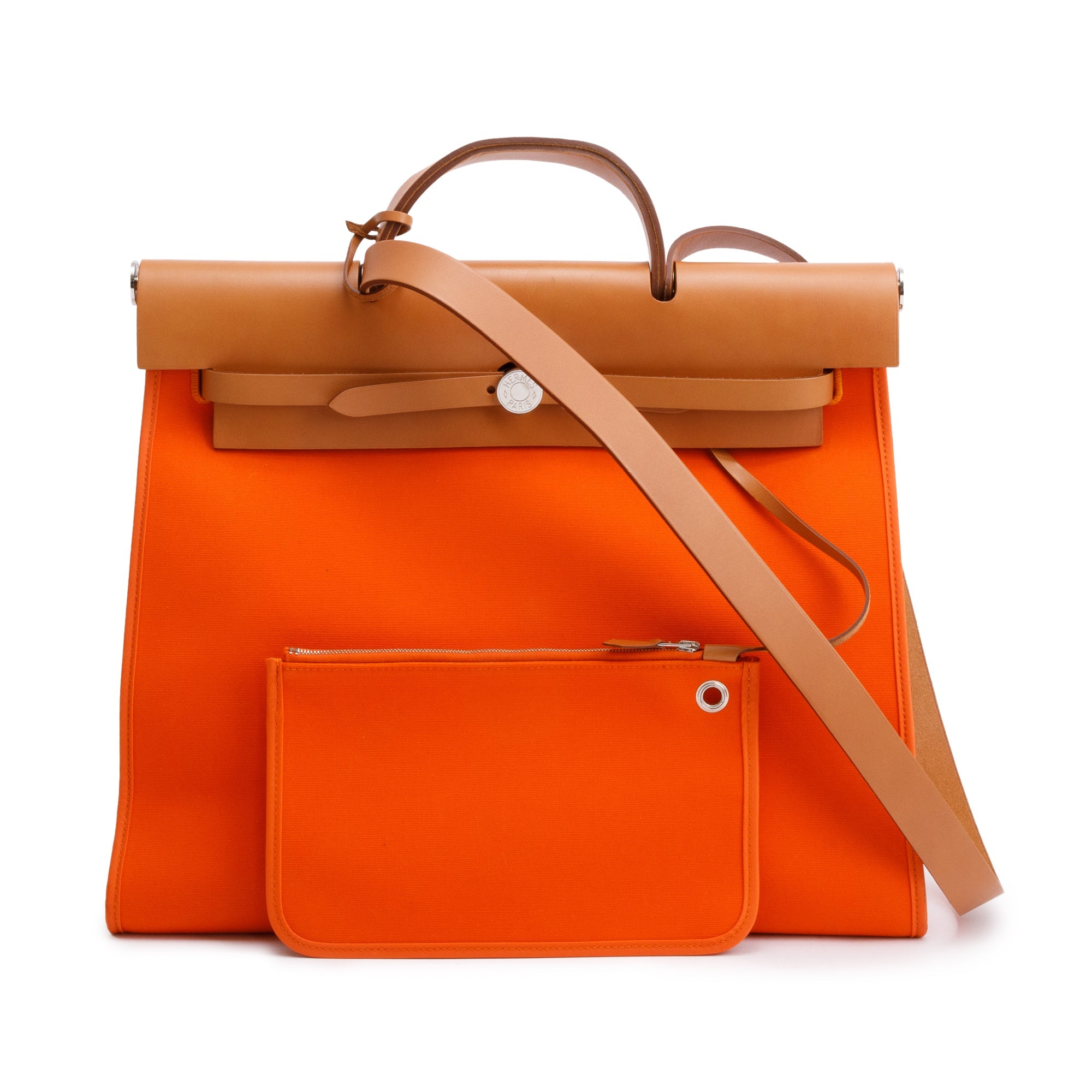 Hermes Capucine Fauve Toile Militaire Vache Hunter Herbag Zip 39 w/ Pouch