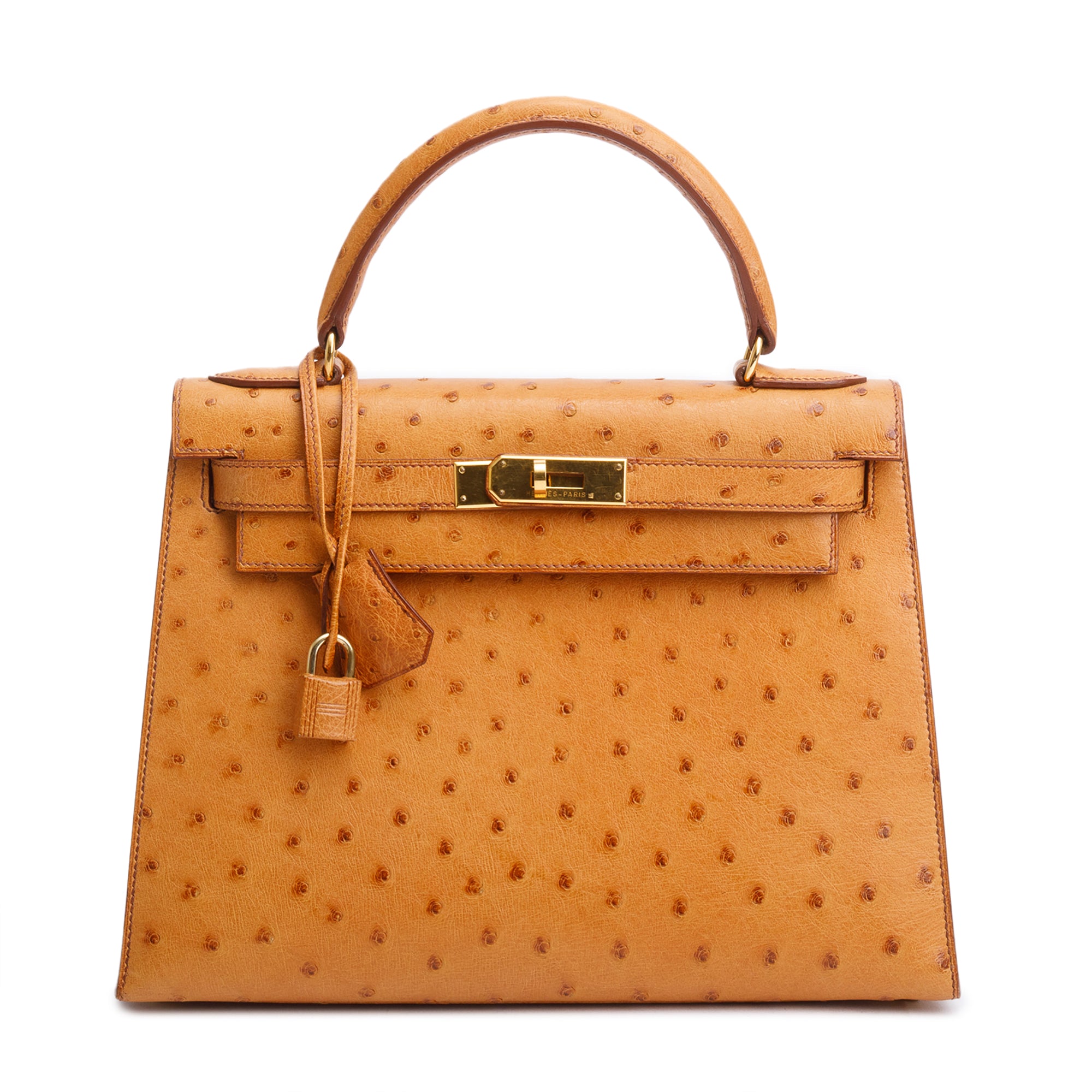 Hermes Cognac Ostrich Kelly Sellier 28 w/ Strap