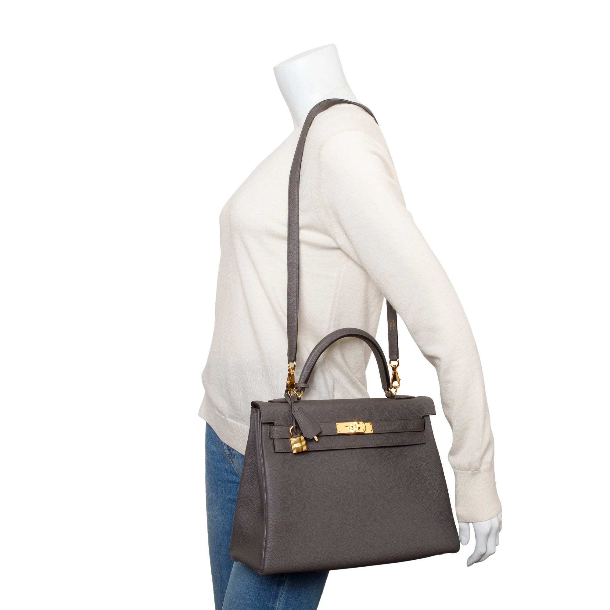 Hermes Etain Veau Togo Kelly II 32 Retourne w/ Strap, Box & Receipt