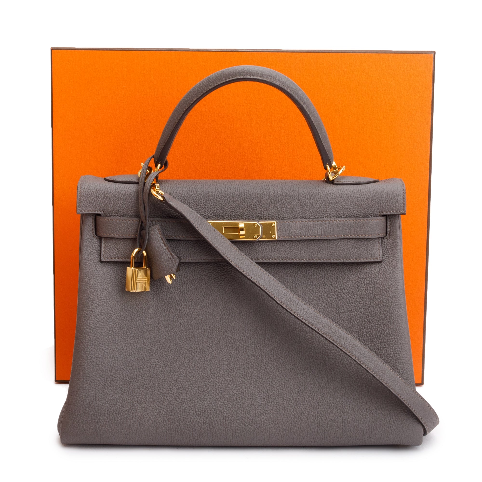 Hermes Etain Veau Togo Kelly II 32 Retourne w/ Strap, Box & Receipt
