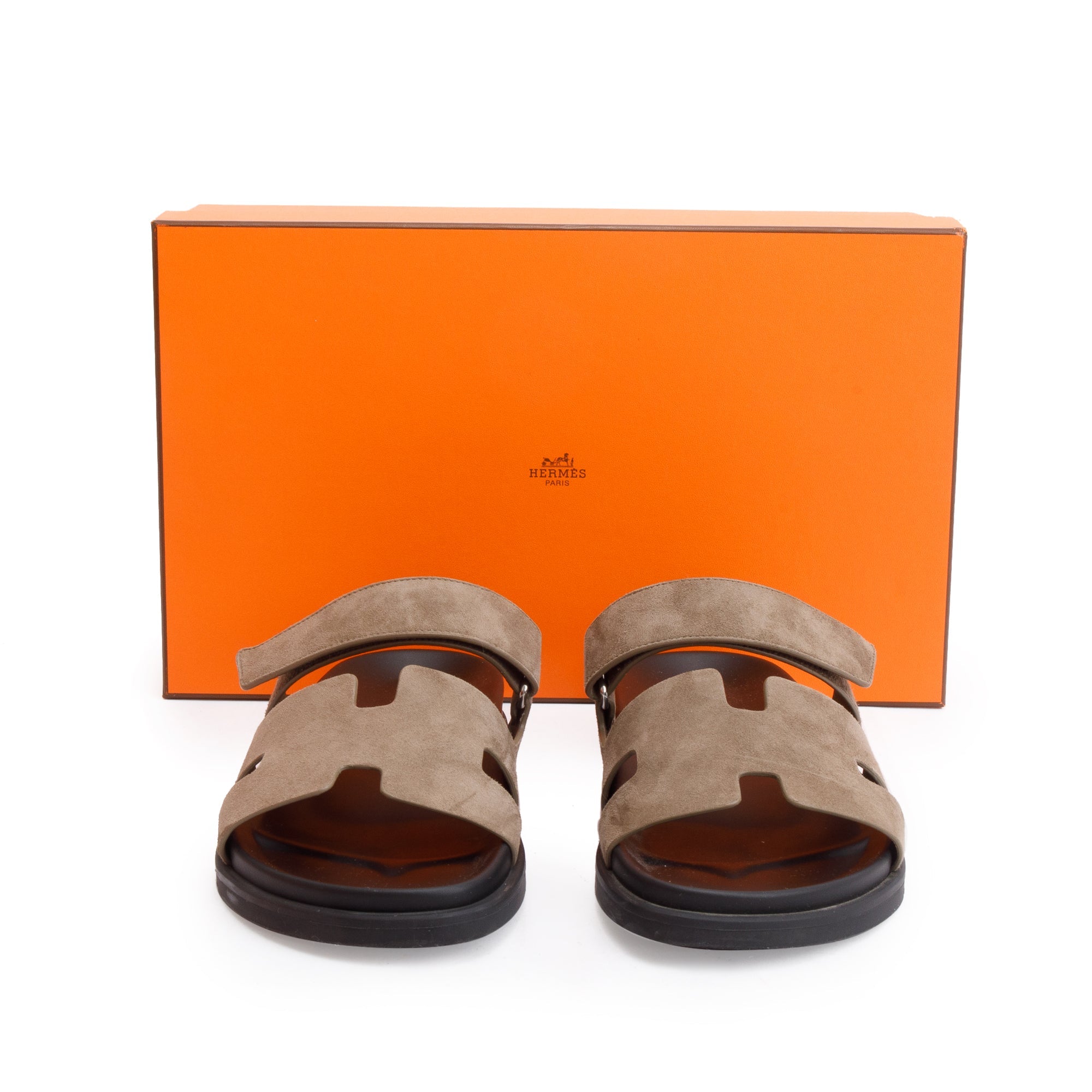 Hermes Etoupe Chevre Velour Leather Chypre Sandals, Size 42 w/ Box