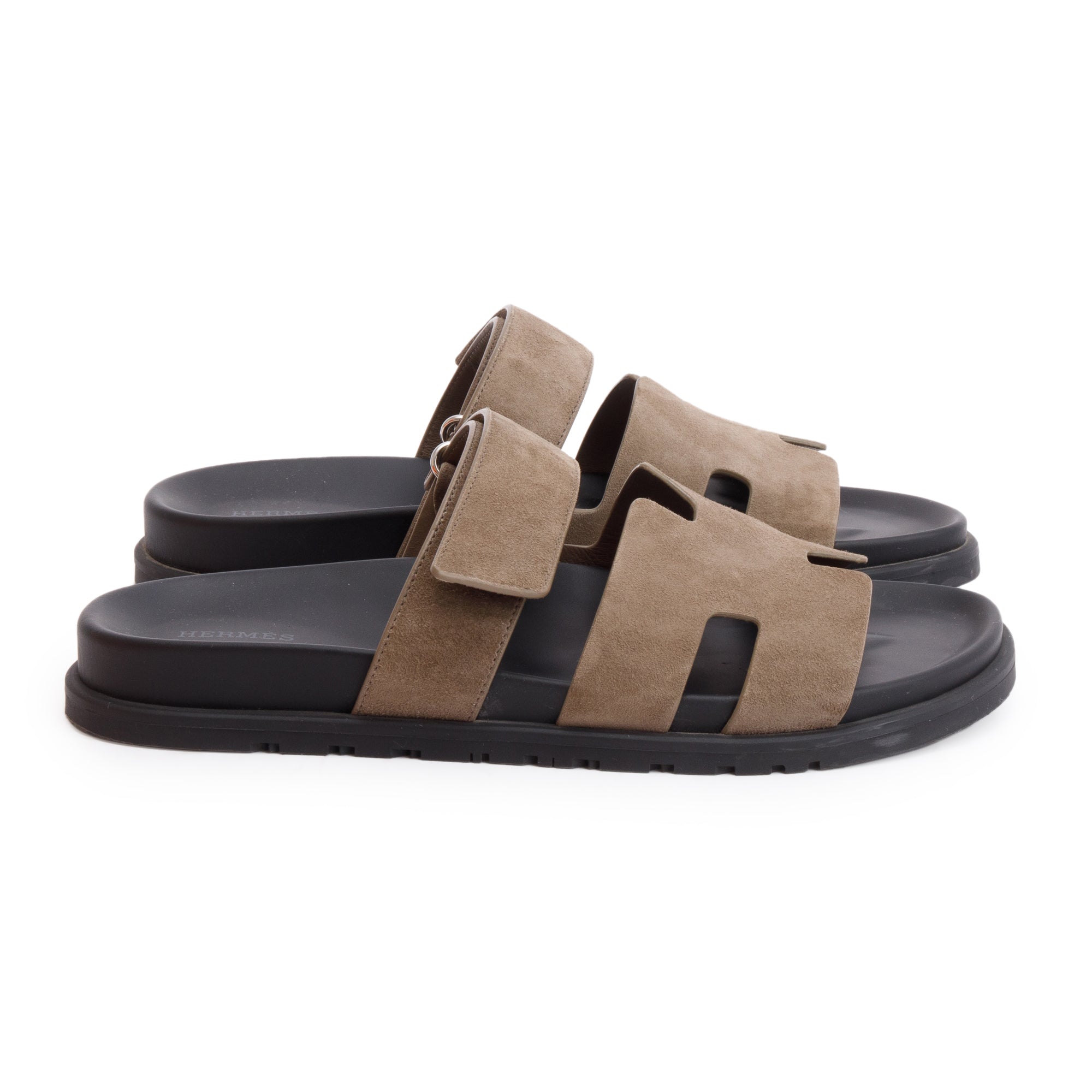 Hermes Etoupe Chevre Velour Leather Chypre Sandals, Size 42 w/ Box