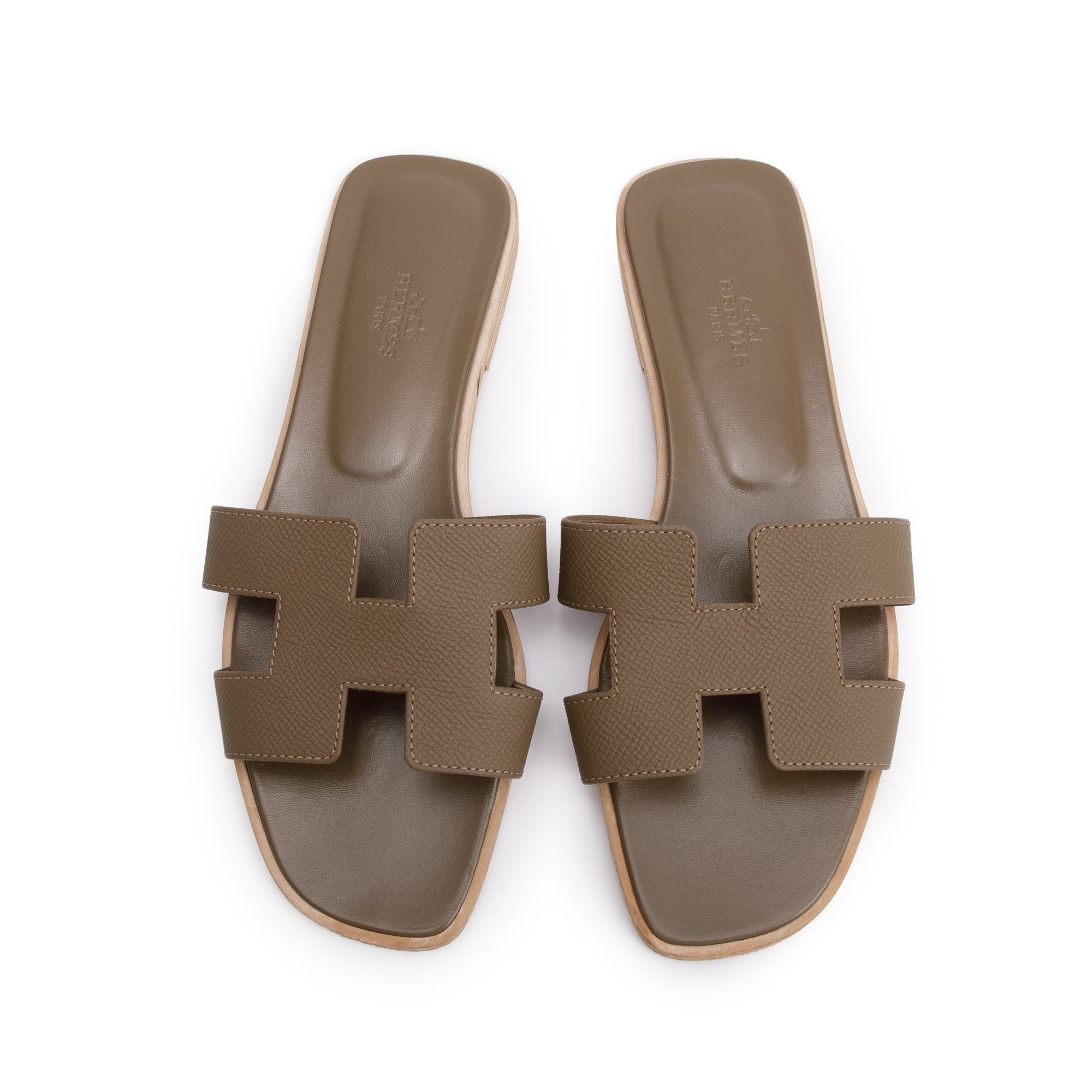 Hermes Etoupe Epsom Calfskin Oran Sandals, Size 38