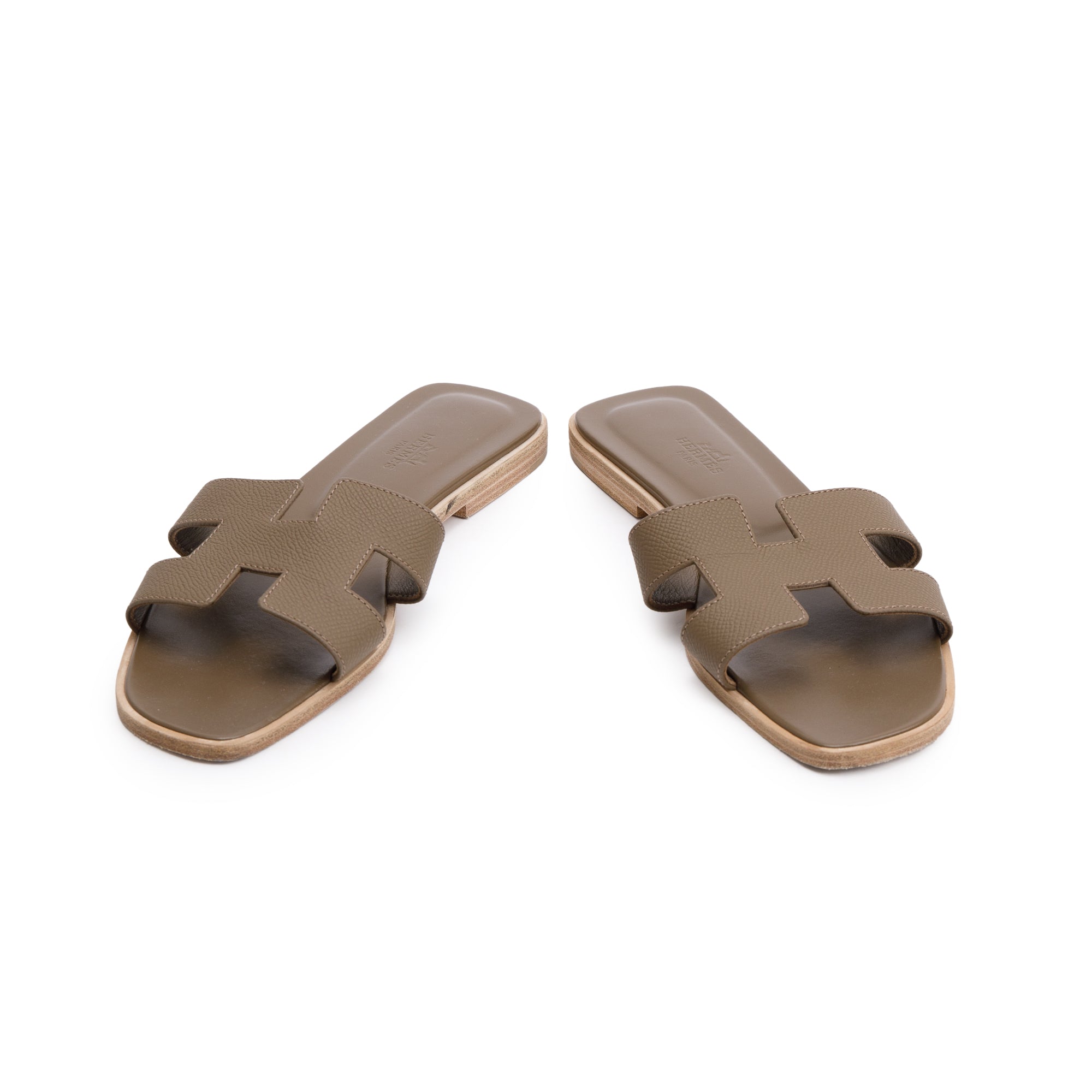 Hermes Etoupe Epsom Calfskin Oran Sandals, Size 38